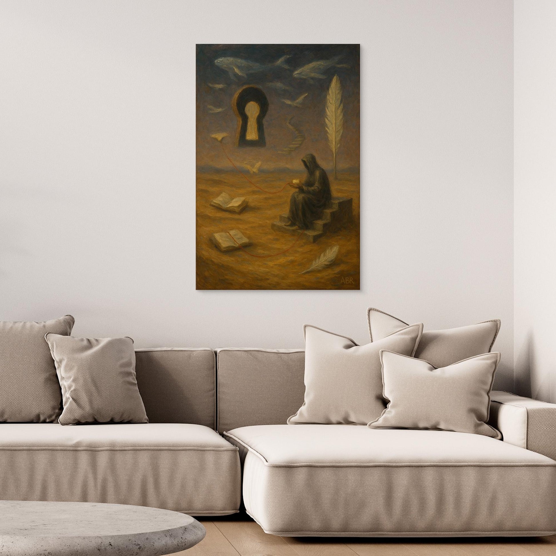 Surreal Canvas Wall Art – Hooded Figure and Keyhole