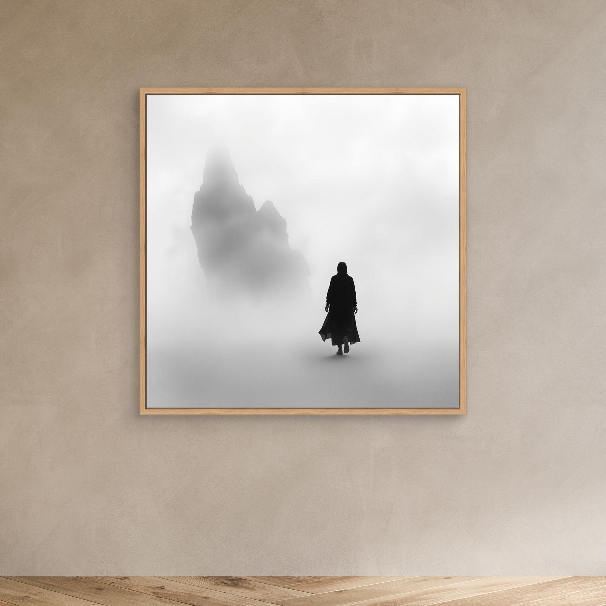Into the Silence – Minimalist Black and White Canvas Art of Solitary Figure in Foggy Landscape
