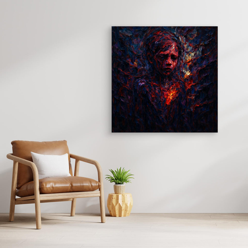Figurative Fire Portrait – Dark Emotional Canvas Wall Art
