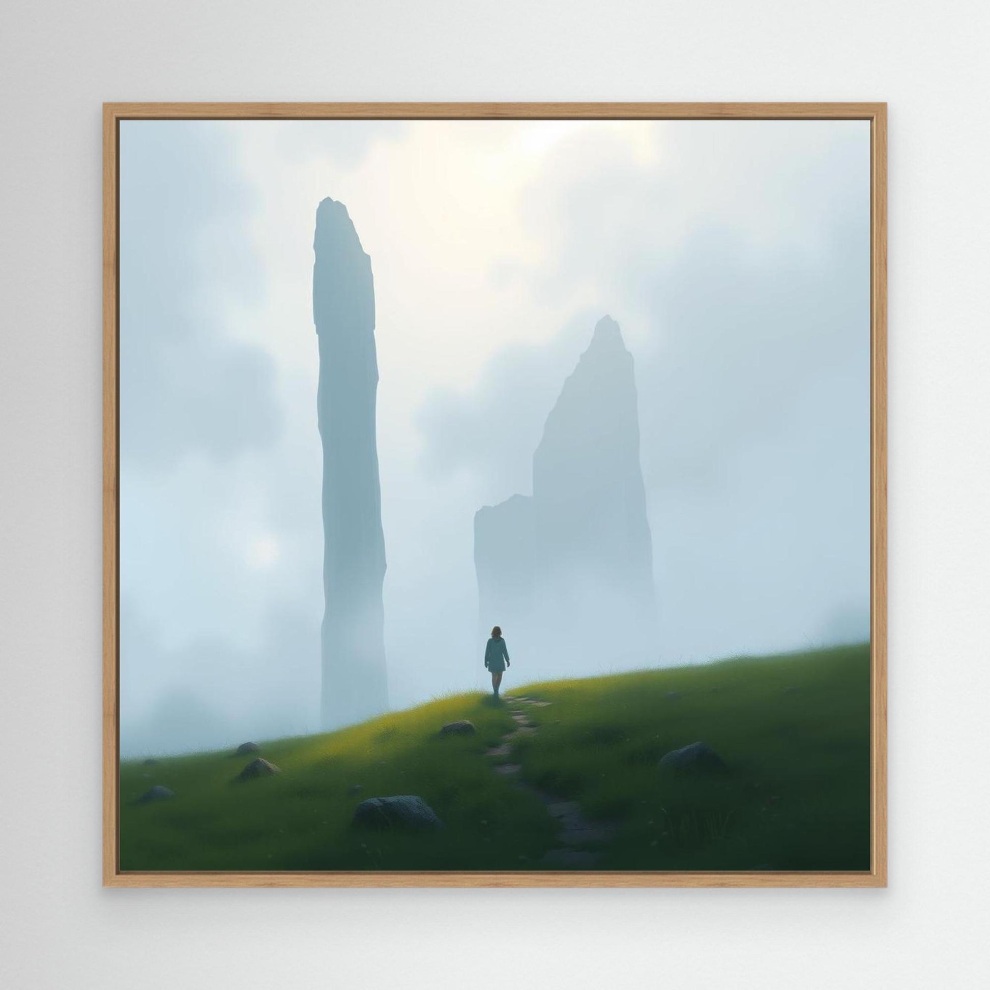 Wanderer of the Mist – Minimalist Nature Canvas Wall Art | Foggy Mountains & Lone Explorer Print