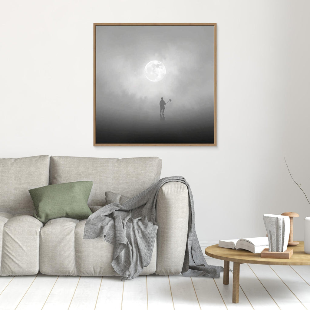 The Digger of Dreams – Minimalist Misty Landscape Art with Full Moon & Shovel Silhouette”