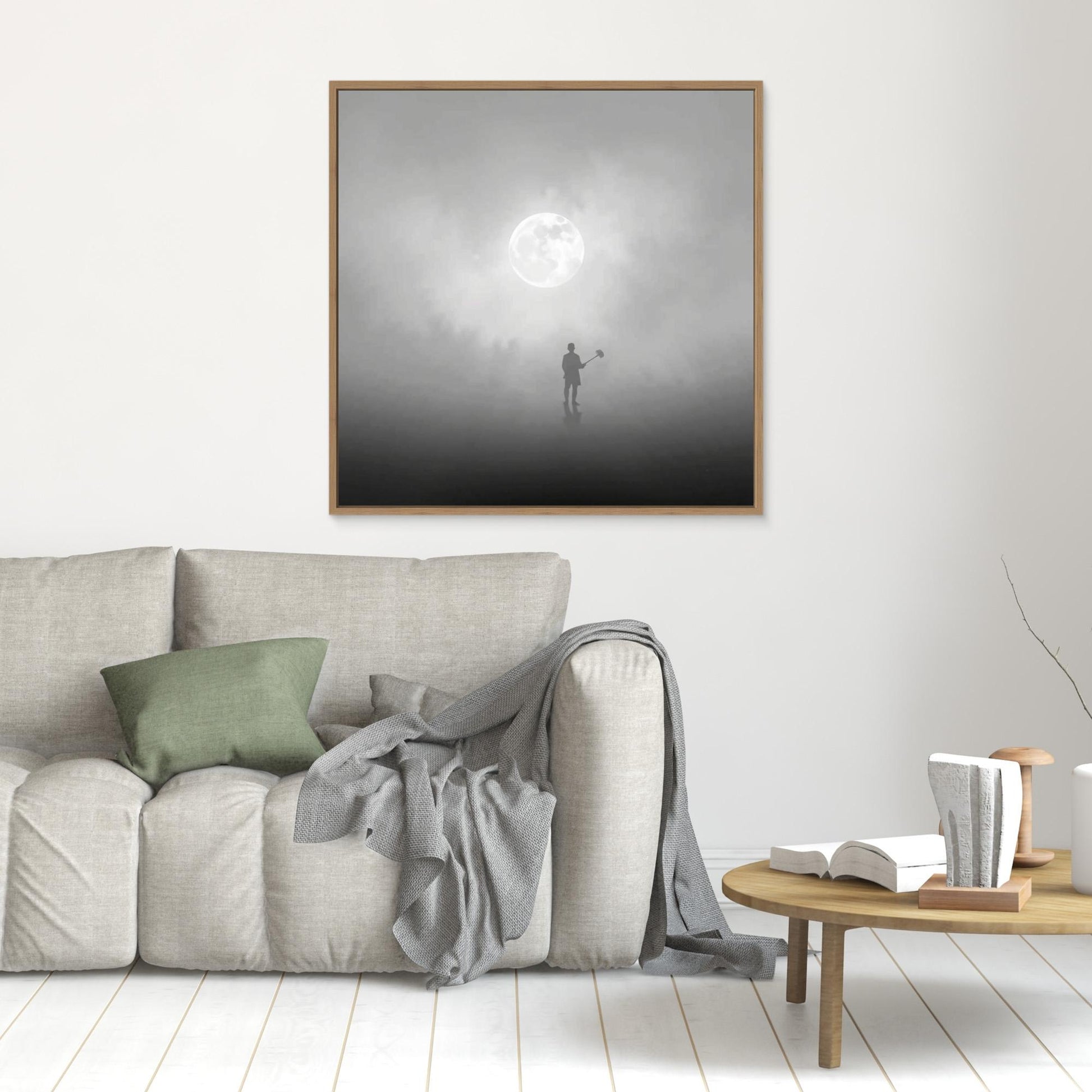 The Digger of Dreams – Minimalist Misty Landscape Art with Full Moon & Shovel Silhouette”
