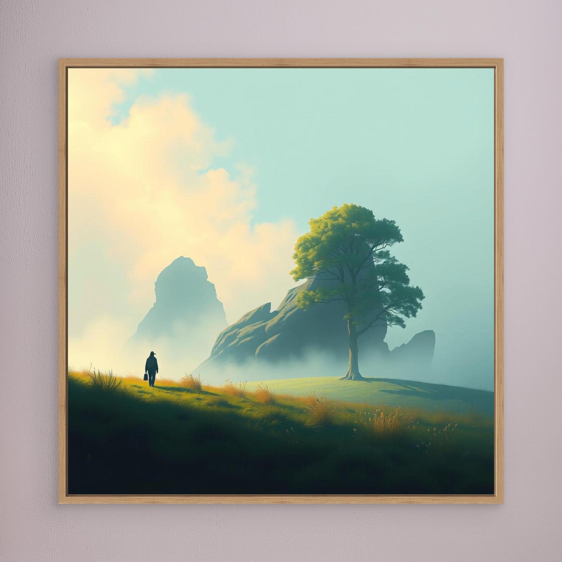 Lone Journey – Minimalist Nature Canvas Print | Serene Landscape Wall Art with Tree and Mountains