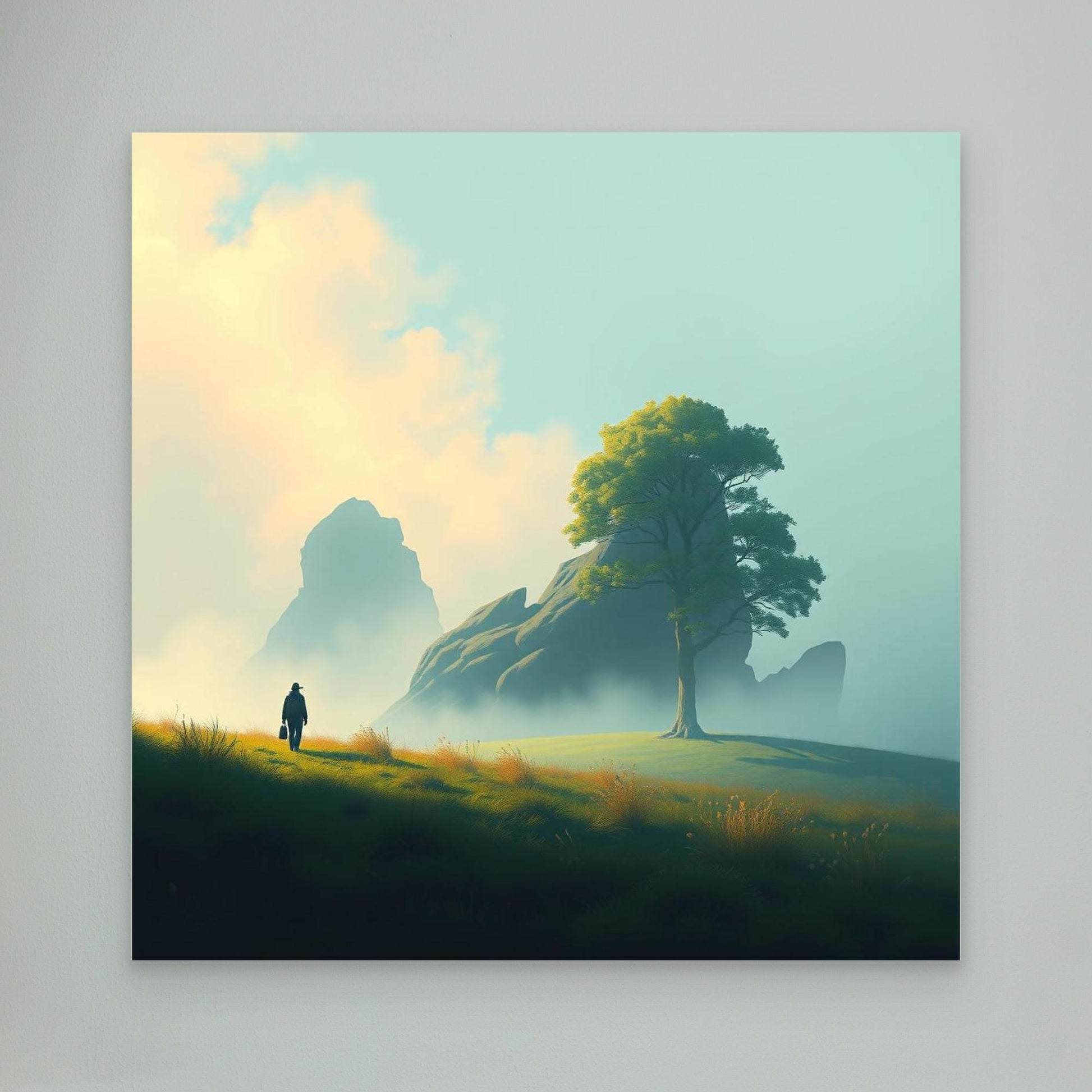 Lone Journey – Minimalist Nature Canvas Print | Serene Landscape Wall Art with Tree and Mountains