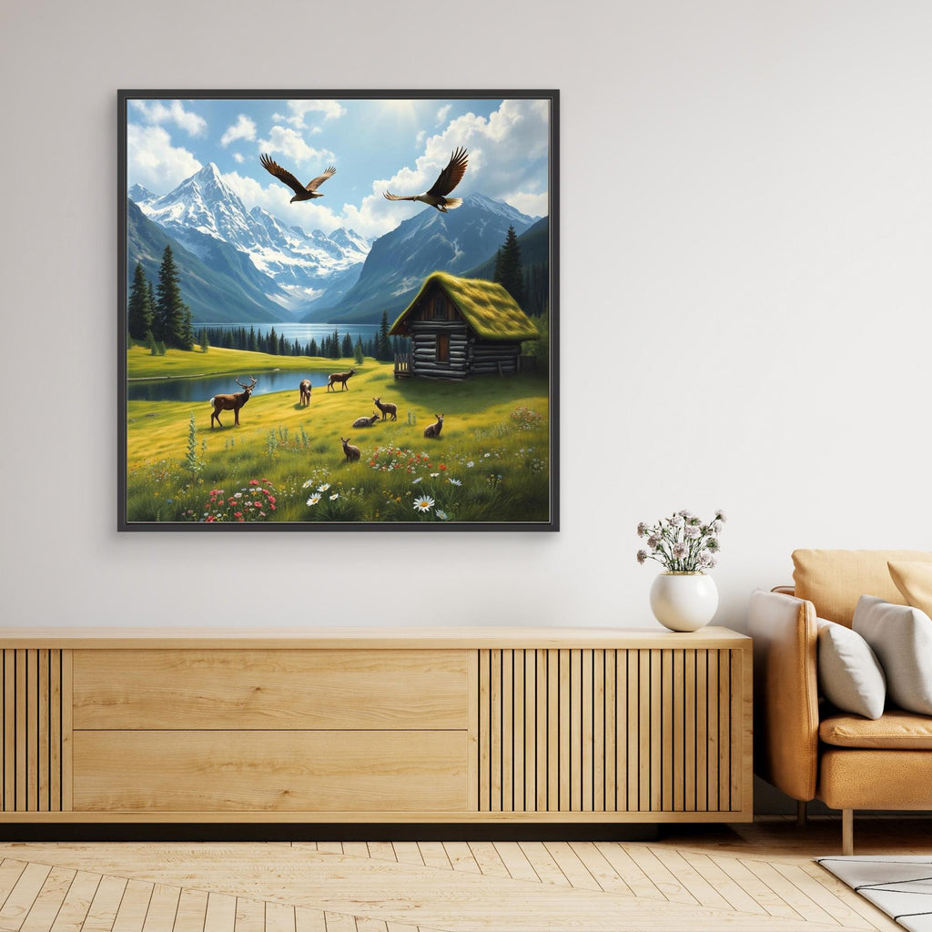 Alpine Sanctuary – Wildlife and Cabin by the Lake Canvas Art