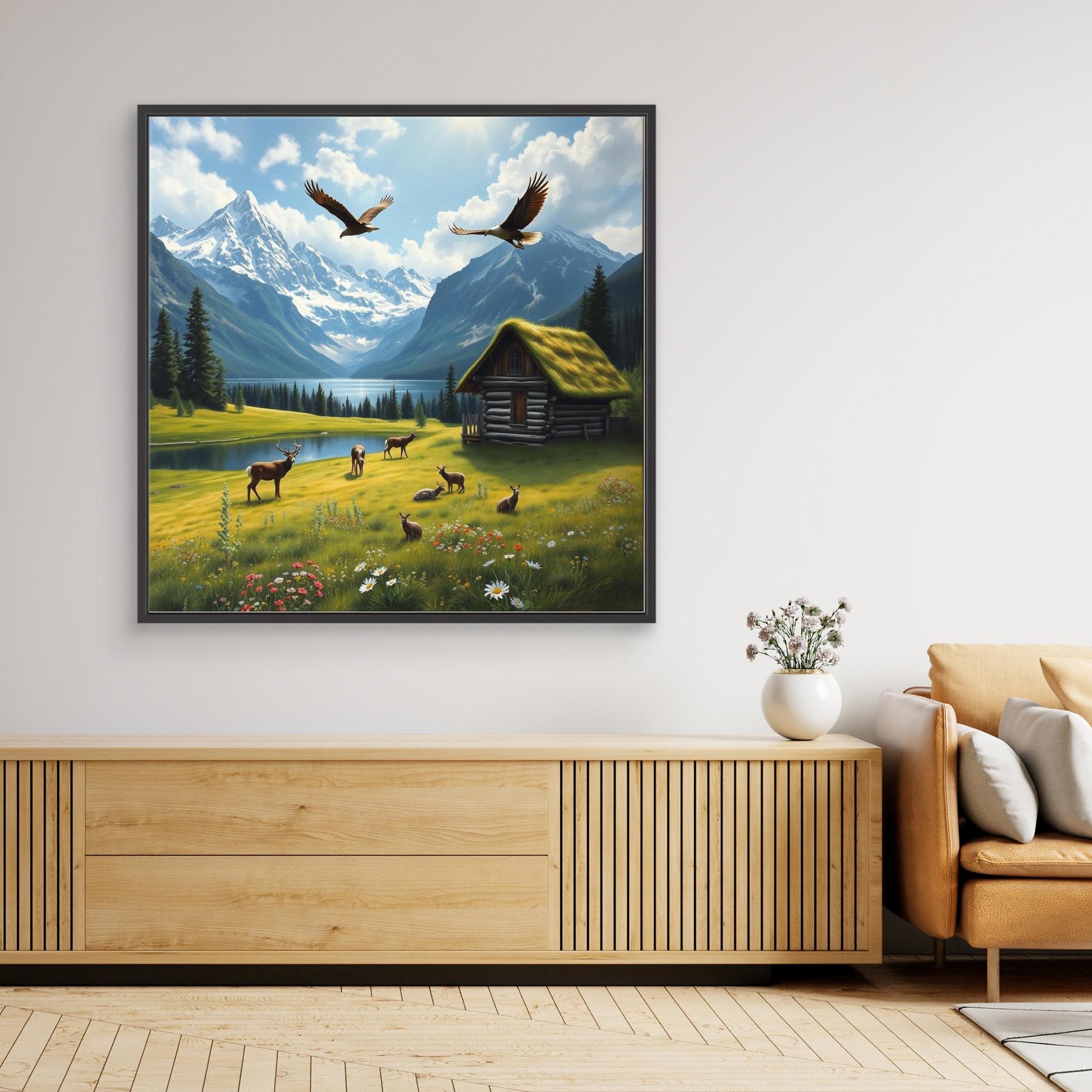 Alpine Sanctuary – Wildlife and Cabin by the Lake Canvas Art
