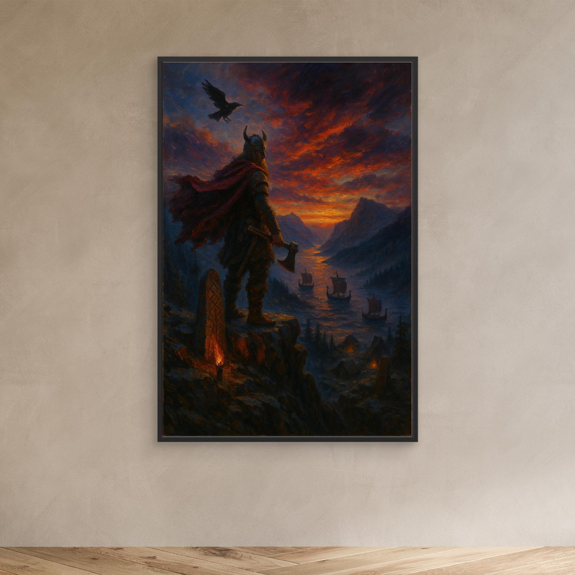 Viking Warrior Canvas Wall Art – Norse Sunset Print