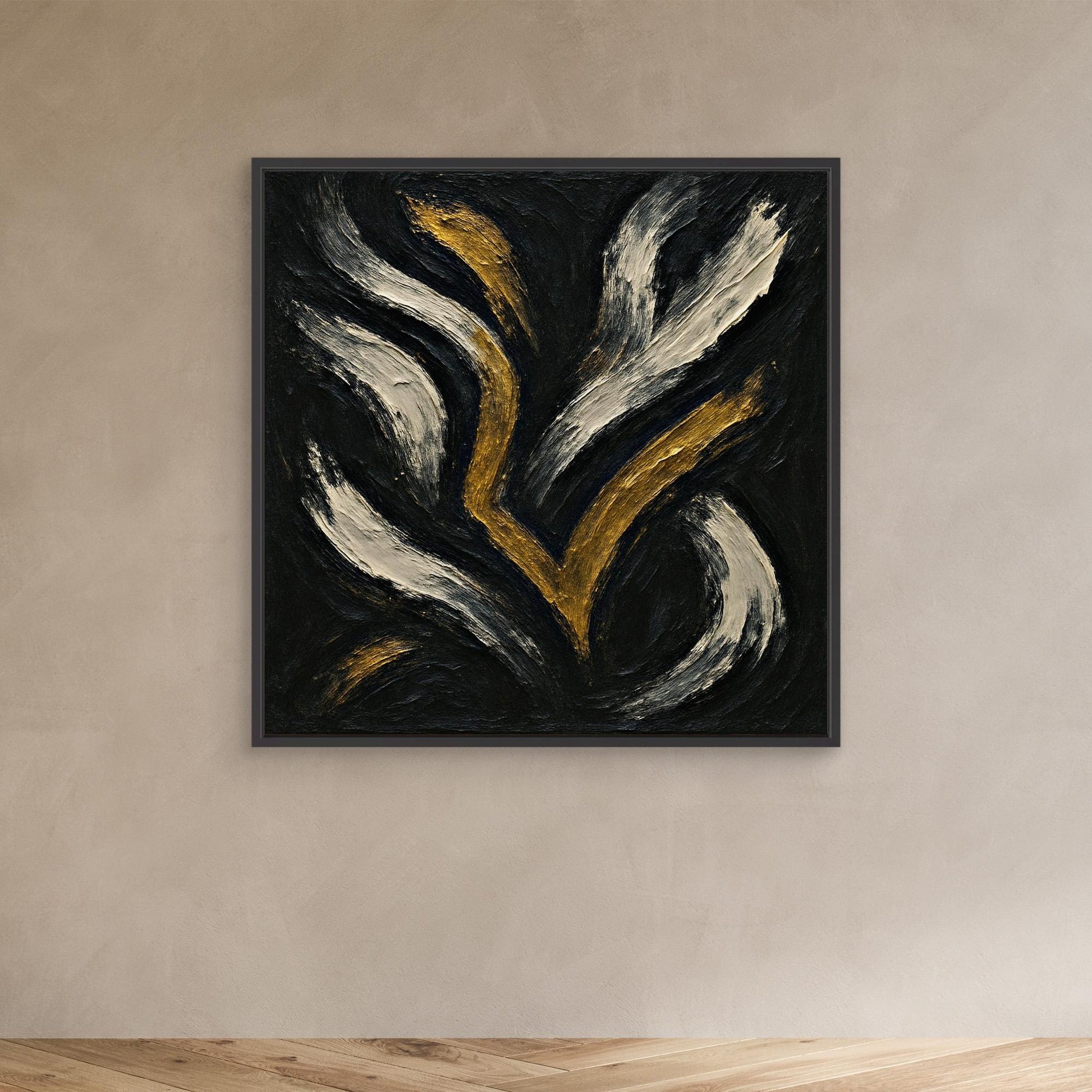 Gold and White Abstract Canvas Wall Art – Flowing Brush Design