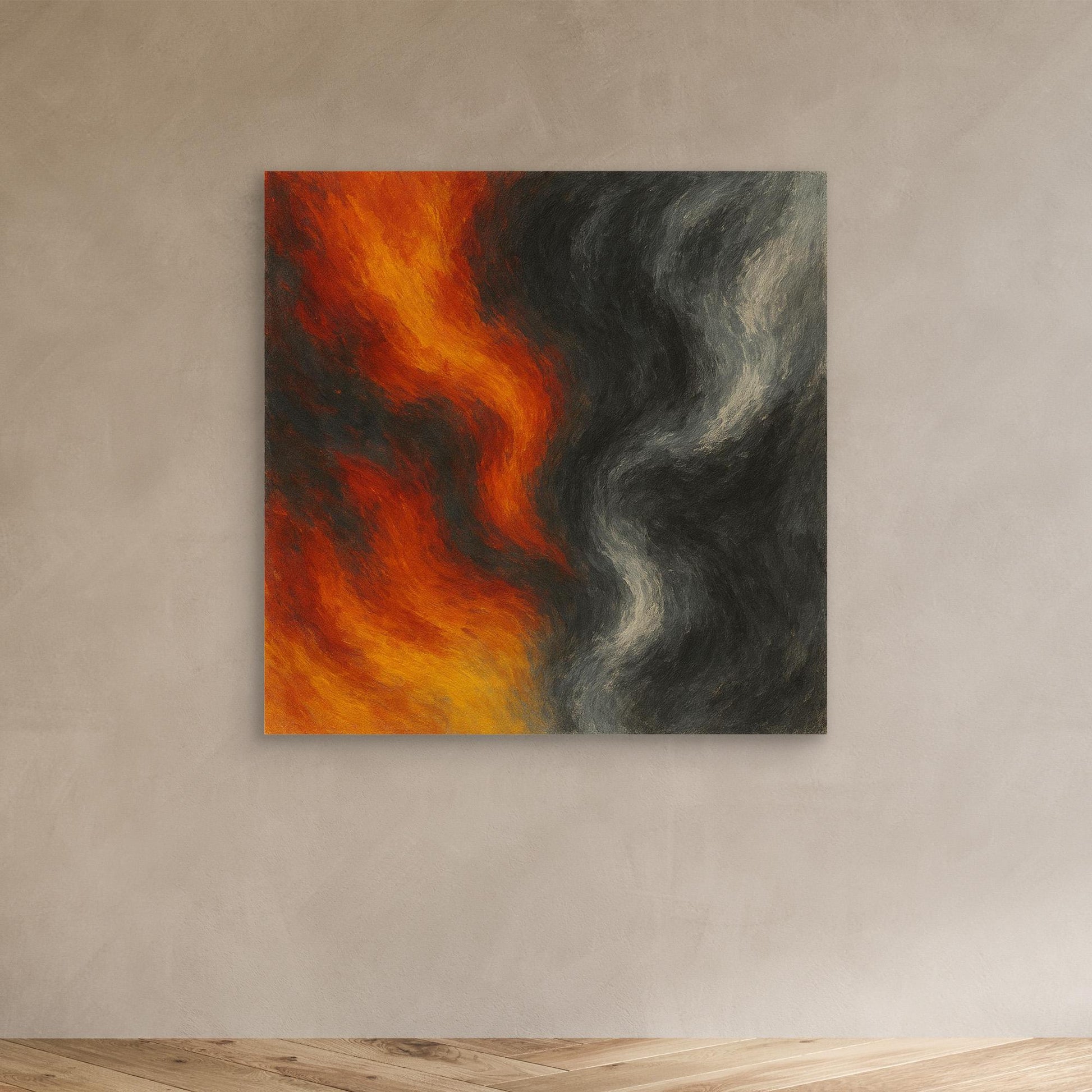 Elemental Flow – Fiery Red and Smoke Grey Abstract Canvas Print