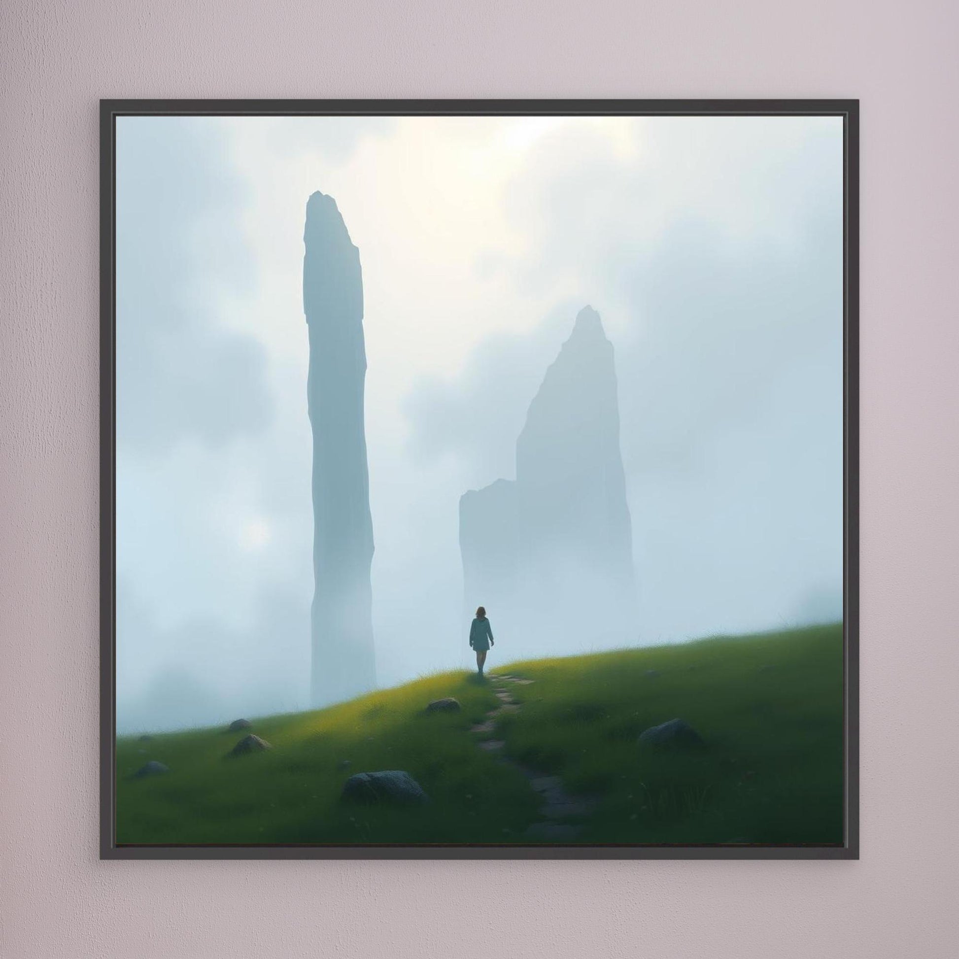 Wanderer of the Mist – Minimalist Nature Canvas Wall Art | Foggy Mountains & Lone Explorer Print