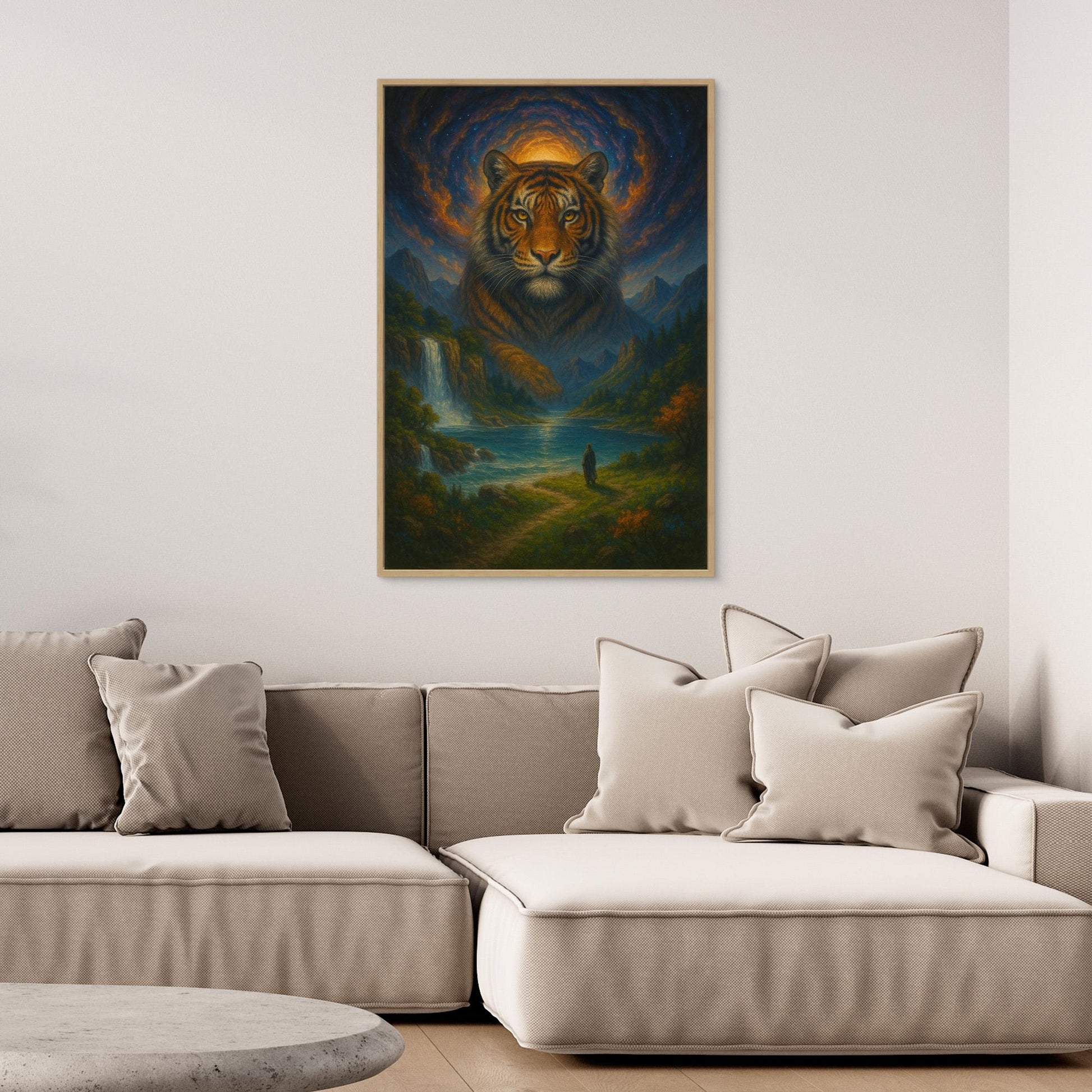 Mystic Tiger Spirit | Fantasy Canvas Wall Art of Majestic Jungle and Waterfall Landscape