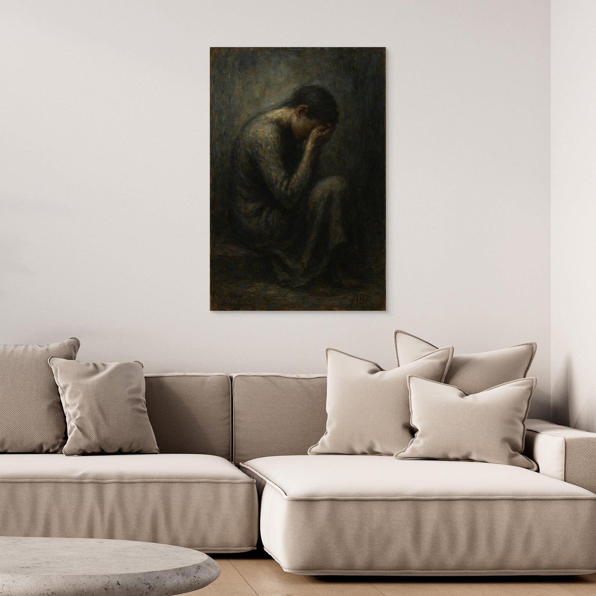 Dark Figurative Canvas Wall Art – Grief in Silence