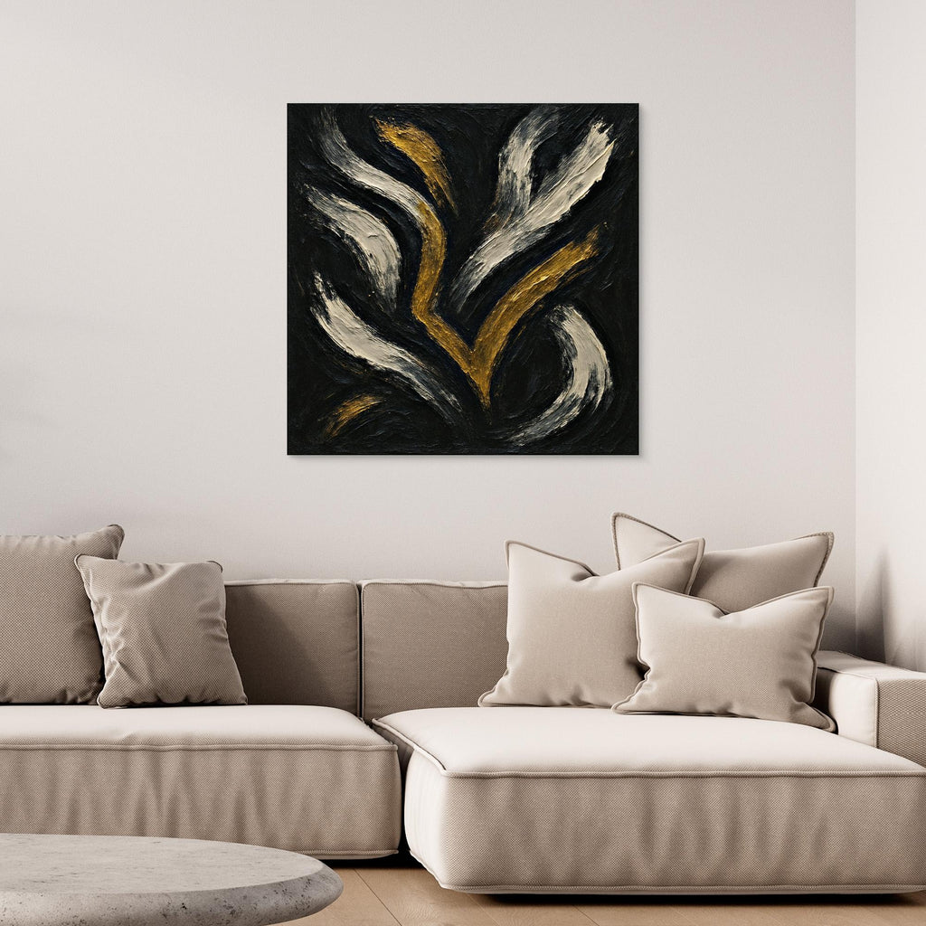 Gold and White Abstract Canvas Wall Art – Flowing Brush Design