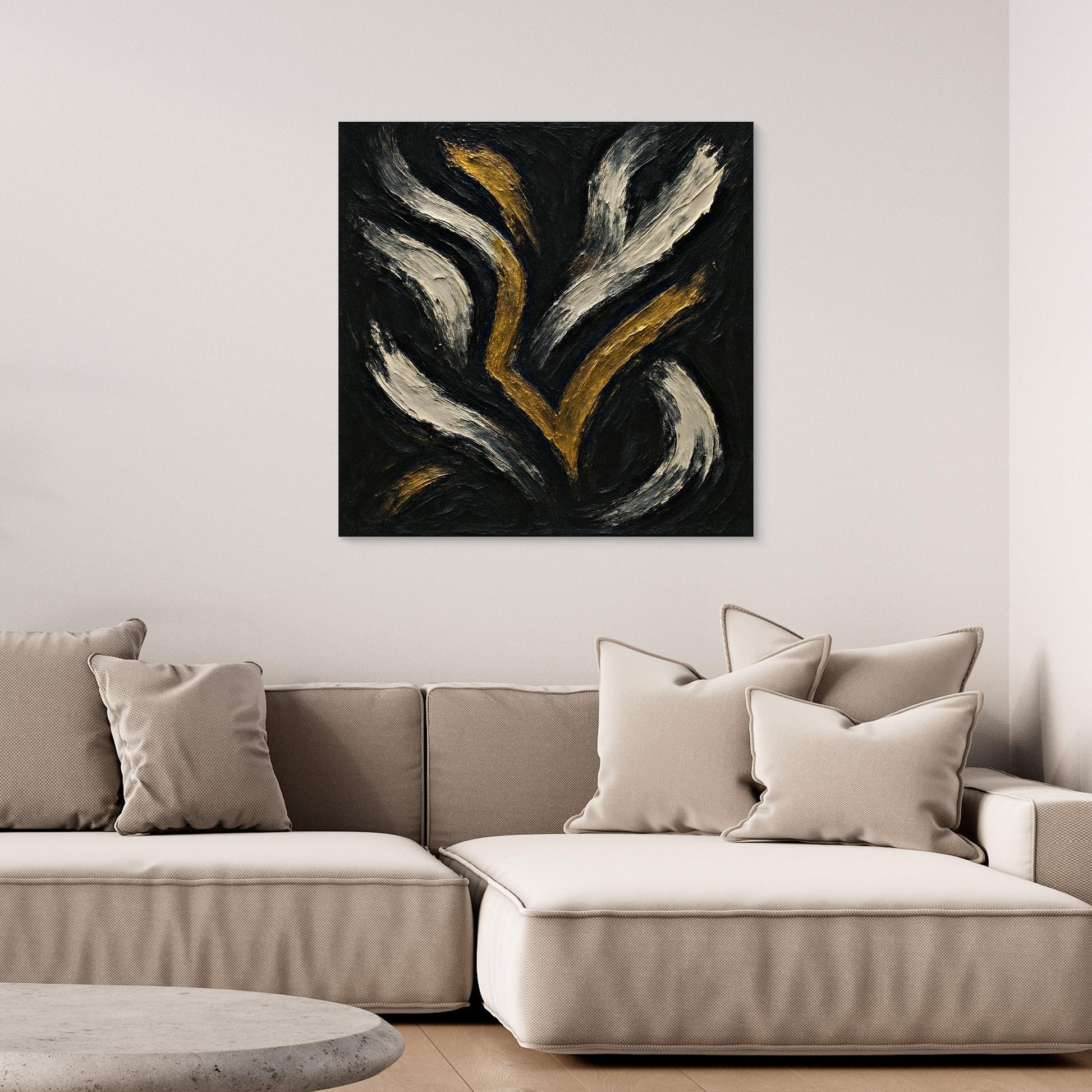 Gold and White Abstract Canvas Wall Art – Flowing Brush Design