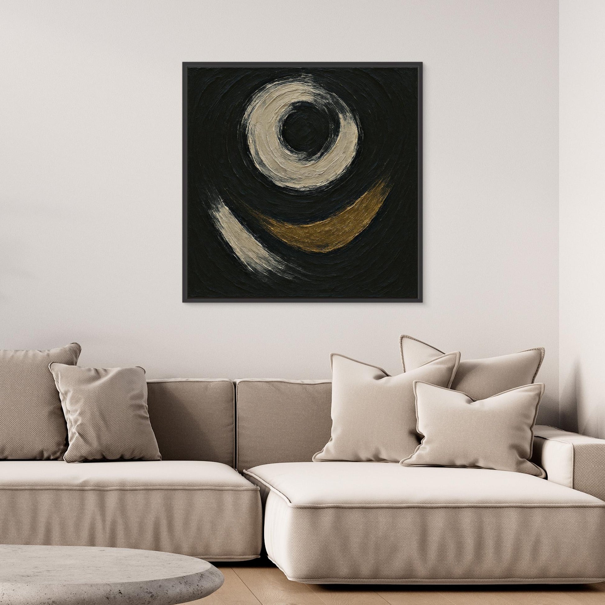 Abstract Circle Canvas Wall Art – Textured Black and Gold Print
