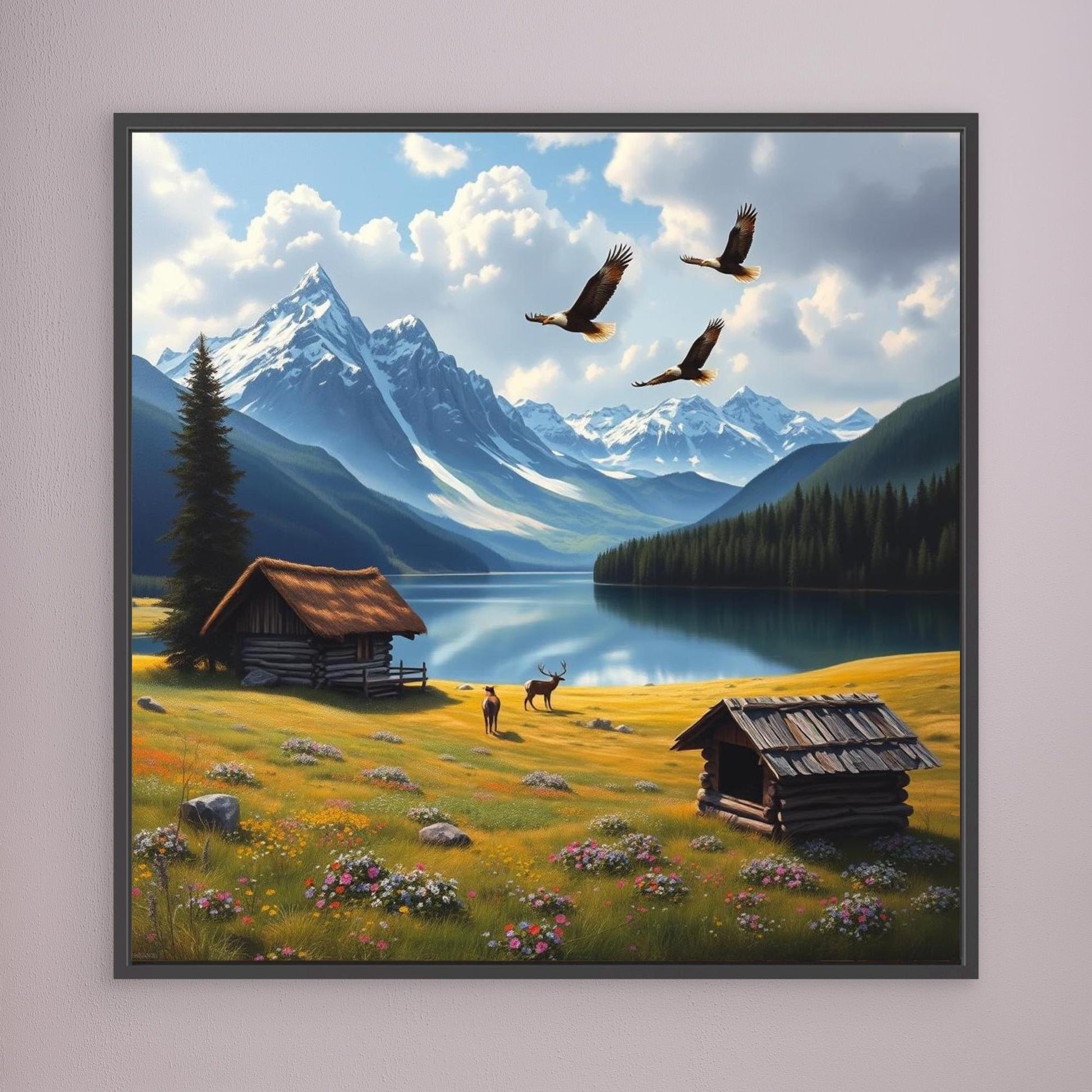 Golden Meadow Escape – Cabin, Eagles & Deer in Mountain Valley