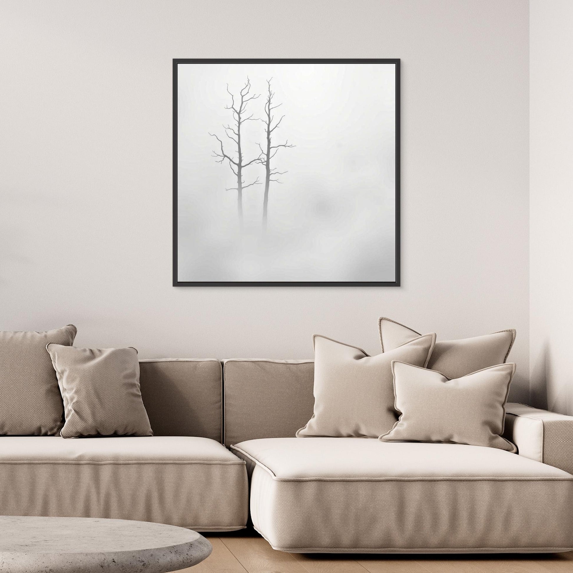 Echoes in the Fog – Minimalist Black and White Nature Canvas Art | Misty Trees Wall Decor