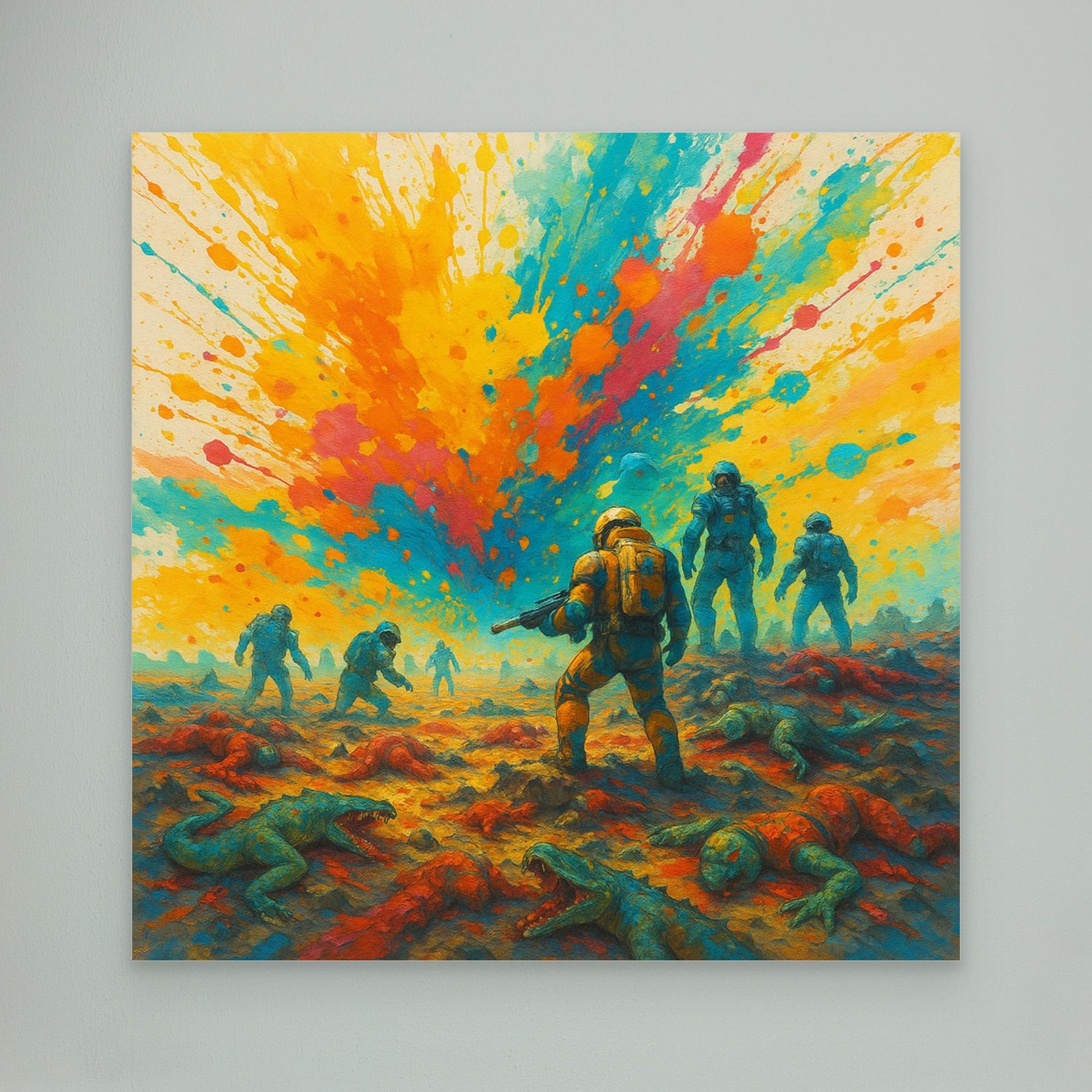 Galactic Apes: Explosion of Victory – Colorful Sci-Fi Canvas Wall Art Print