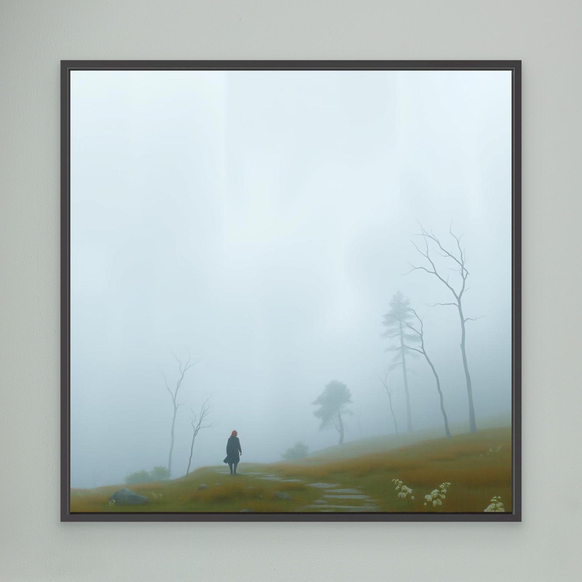 Into the Mist – Minimalist Canvas Wall Art of Woman Walking Through Foggy Landscape