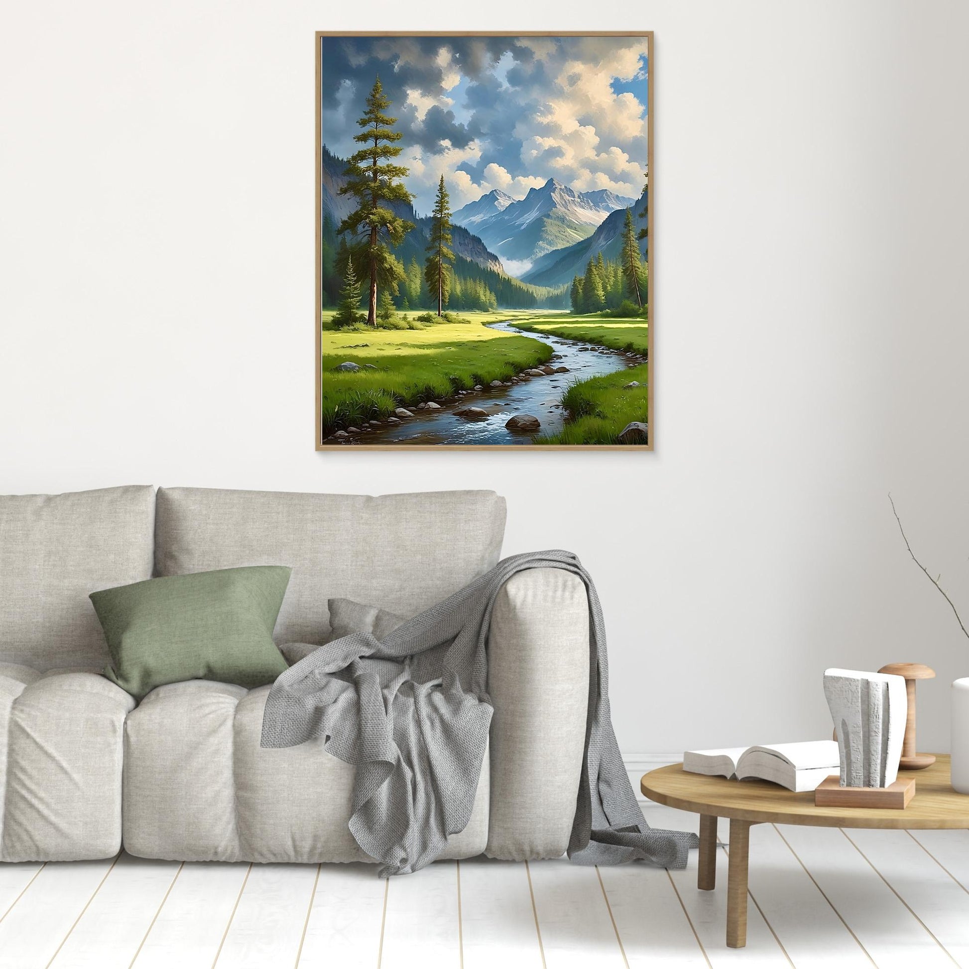 Mountain Valley Canvas Wall Art – Scenic River, Forest & Clouds Landscape Print