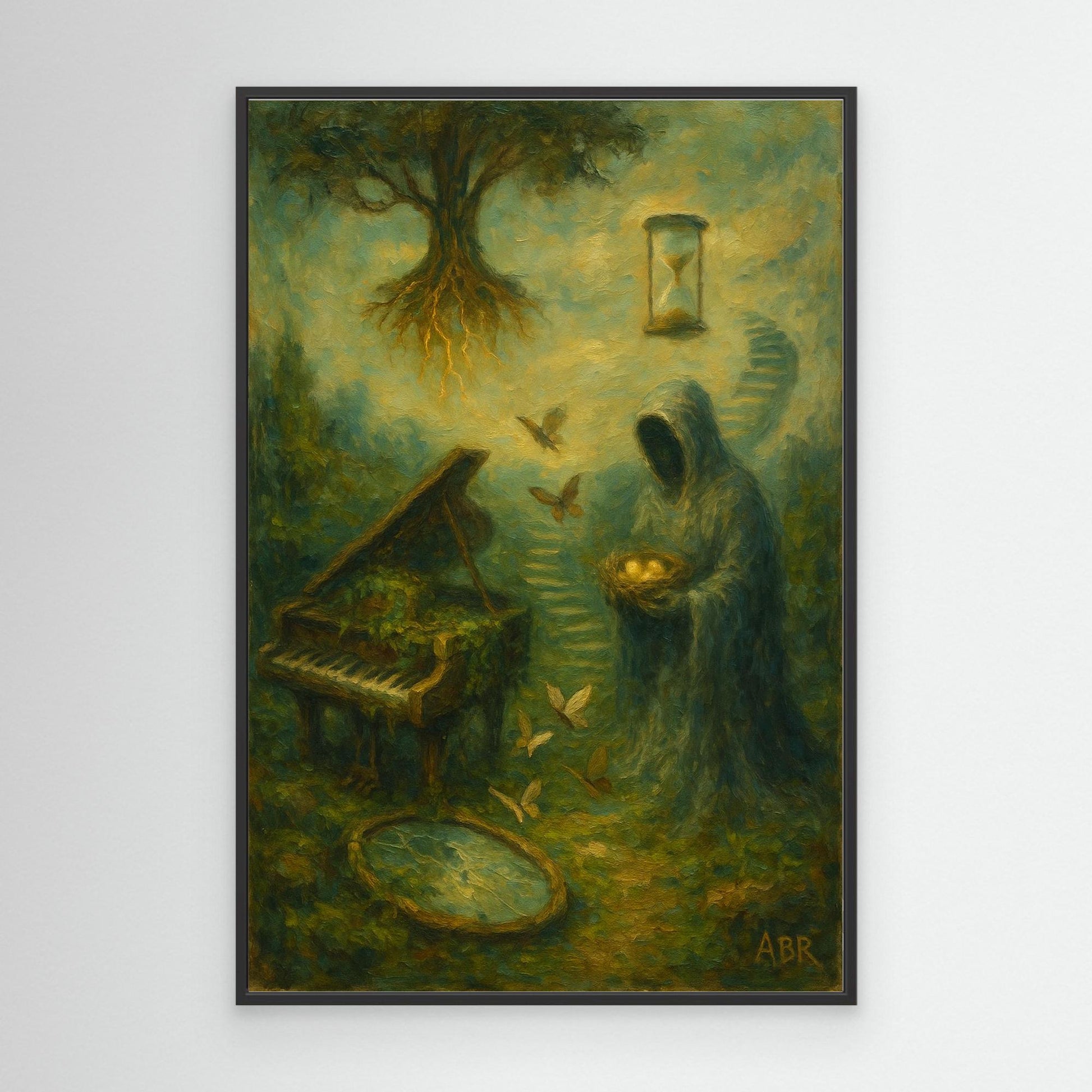 Surreal Canvas Wall Art with Hooded Figure and Piano