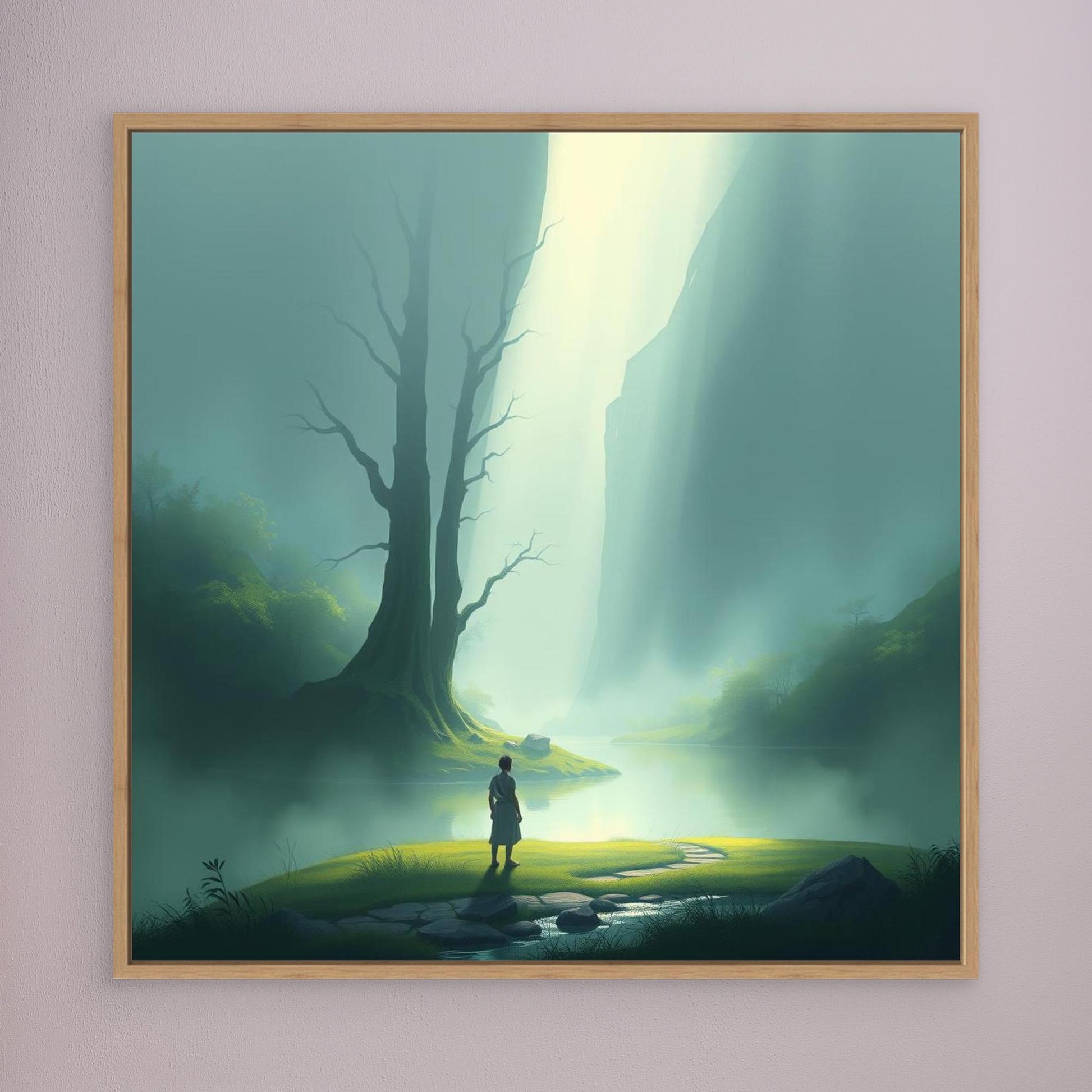 Misty Valley Awakening – Minimalist Nature Canvas Wall Art with Soft Light and Serenity