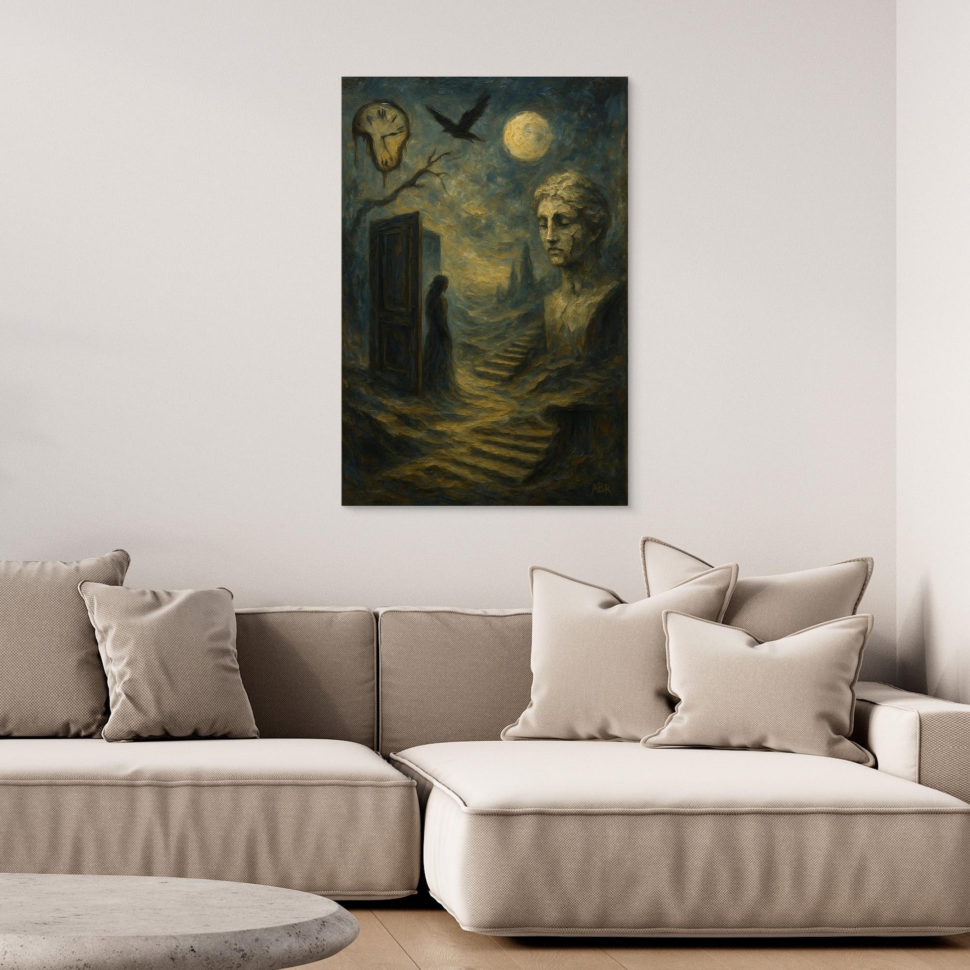 Surreal Dreamscape Canvas Wall Art – Moon and Statue