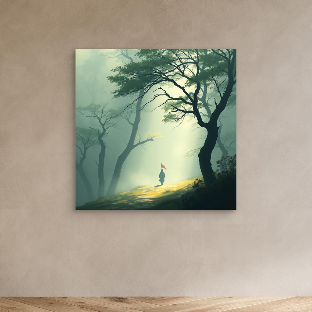 Path of Resolve – Minimalist Forest Canvas Wall Art with Lone Figure and Red Flag