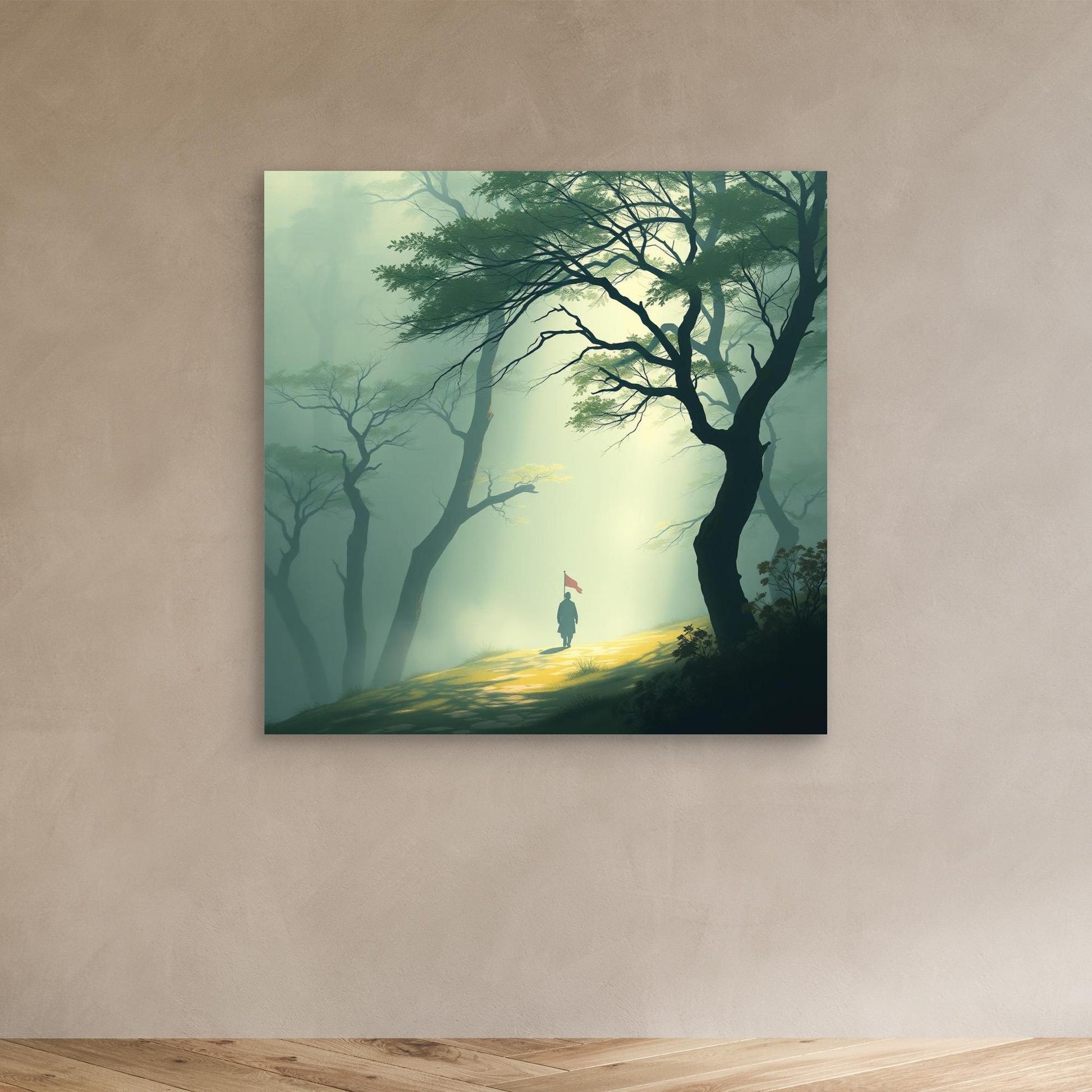 Path of Resolve – Minimalist Forest Canvas Wall Art with Lone Figure and Red Flag