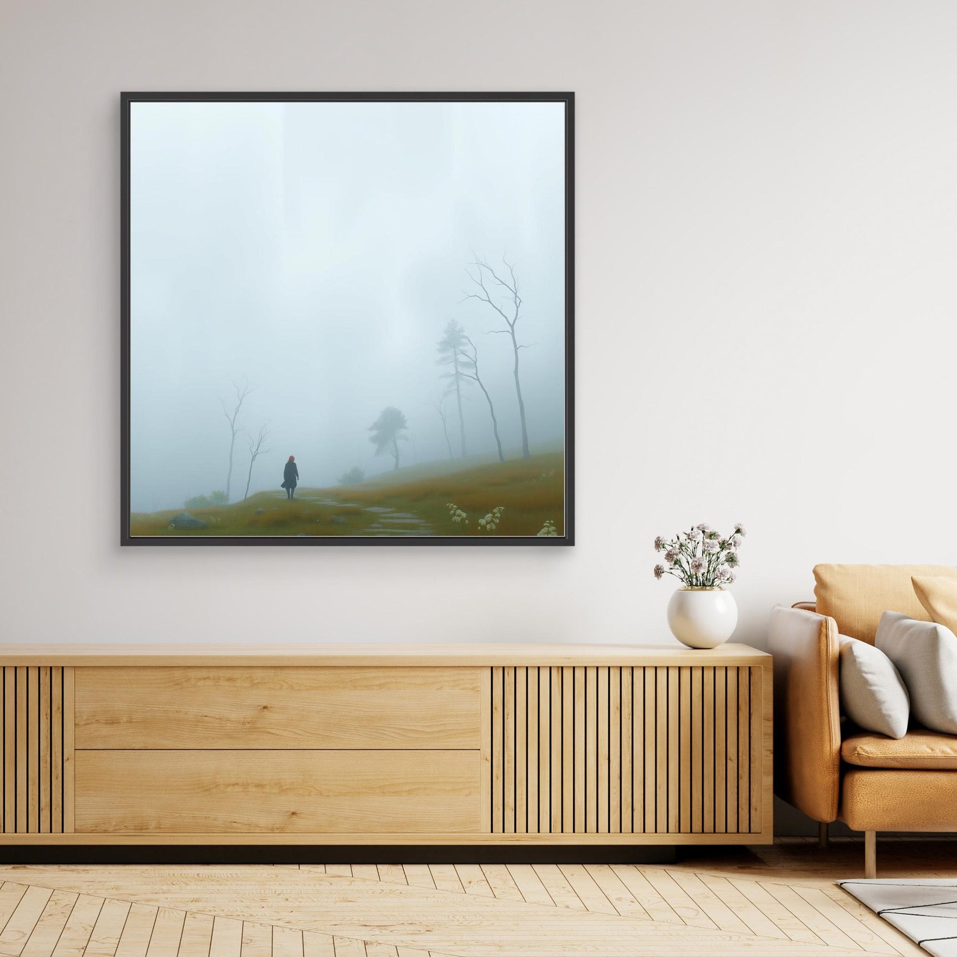 Into the Mist – Minimalist Canvas Wall Art of Woman Walking Through Foggy Landscape