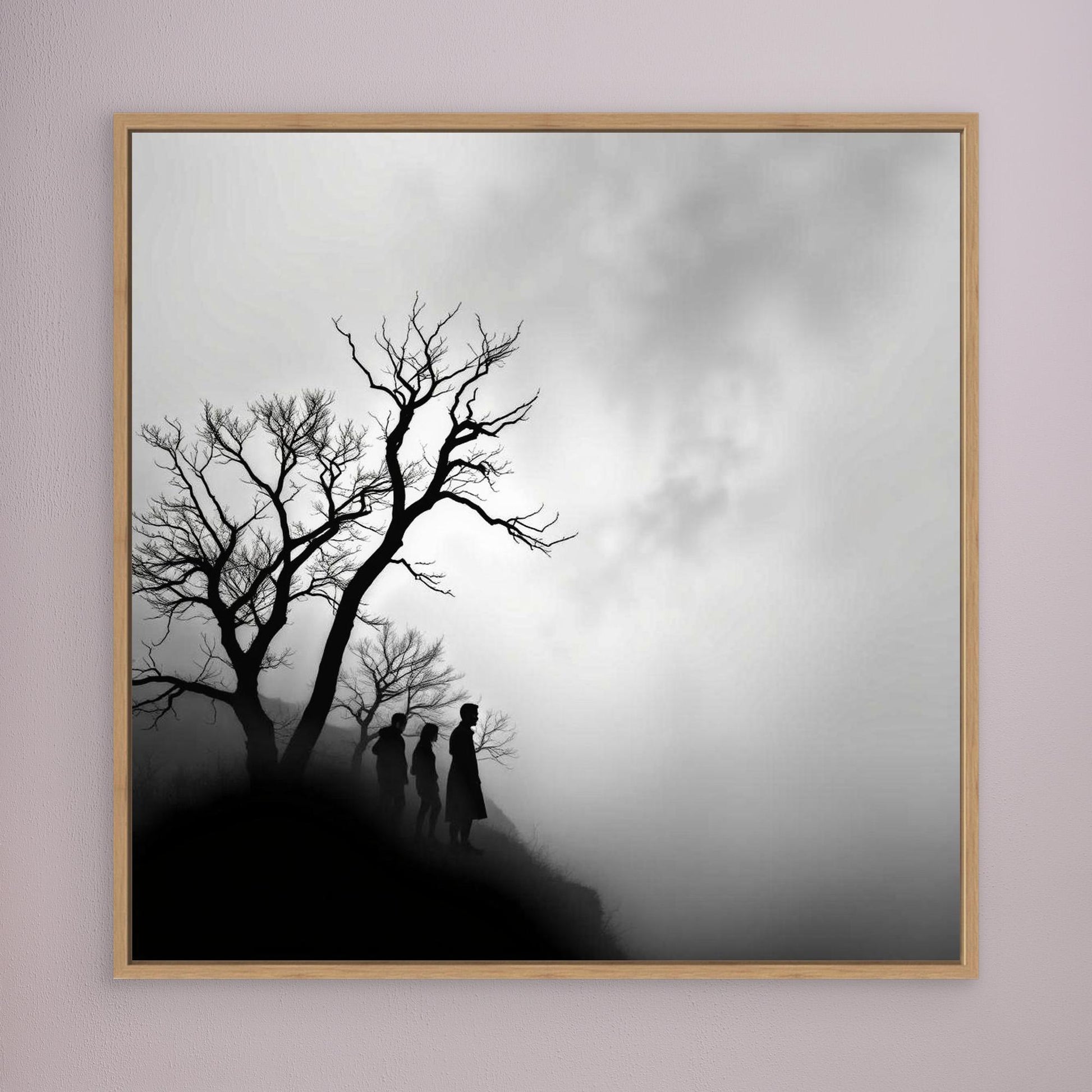 Edge of Silence – Minimalist Black & White Canvas Art | Surreal Fog Landscape with Silhouettes