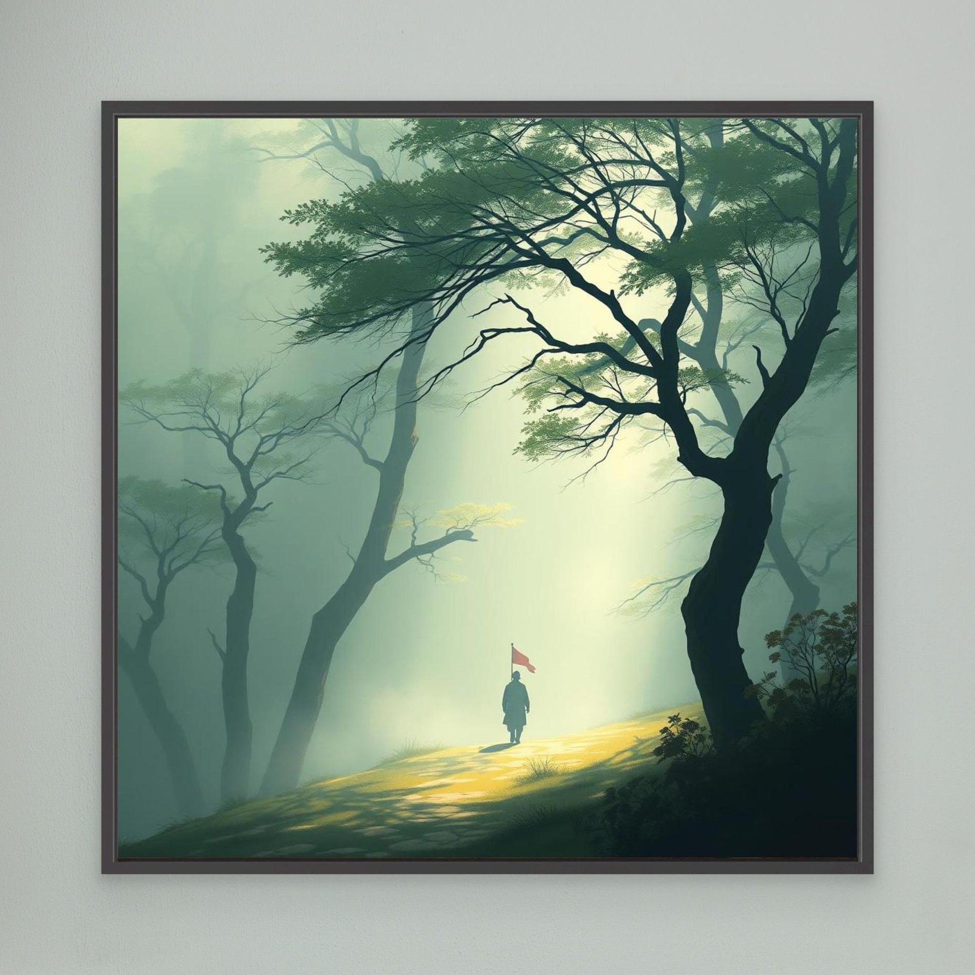 Path of Resolve – Minimalist Forest Canvas Wall Art with Lone Figure and Red Flag