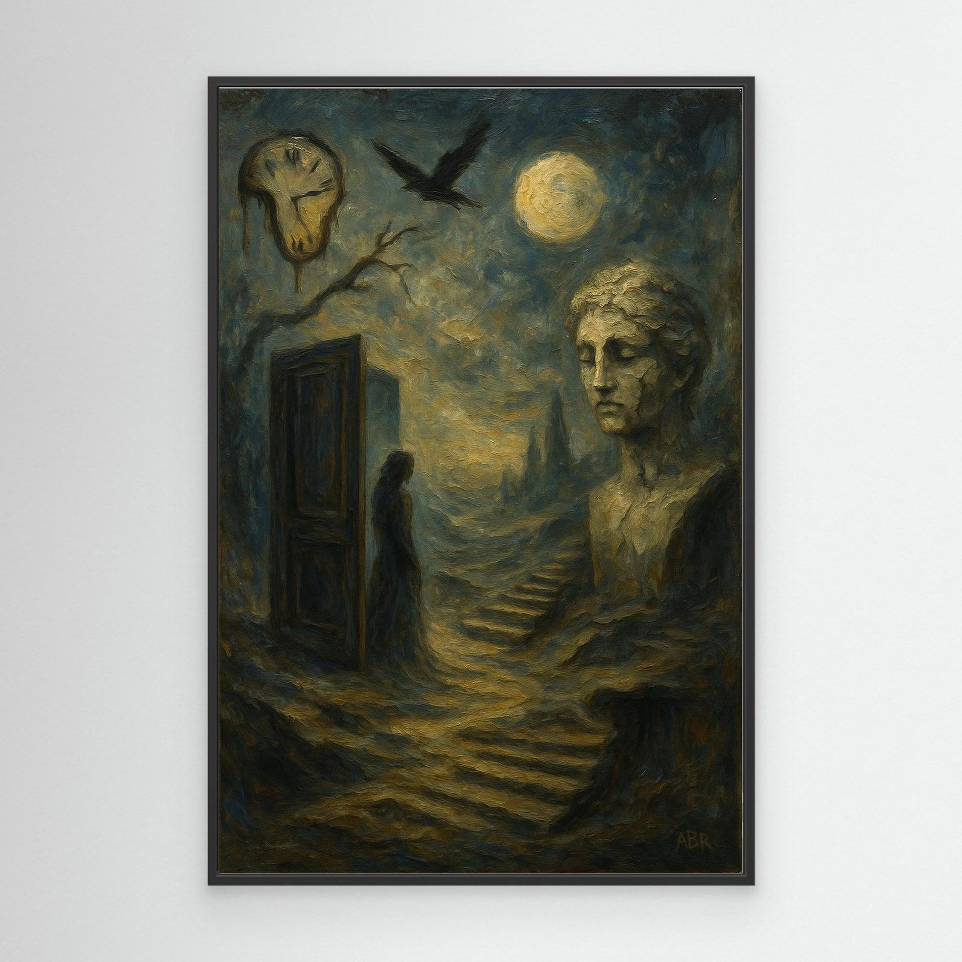 Surreal Dreamscape Canvas Wall Art – Moon and Statue