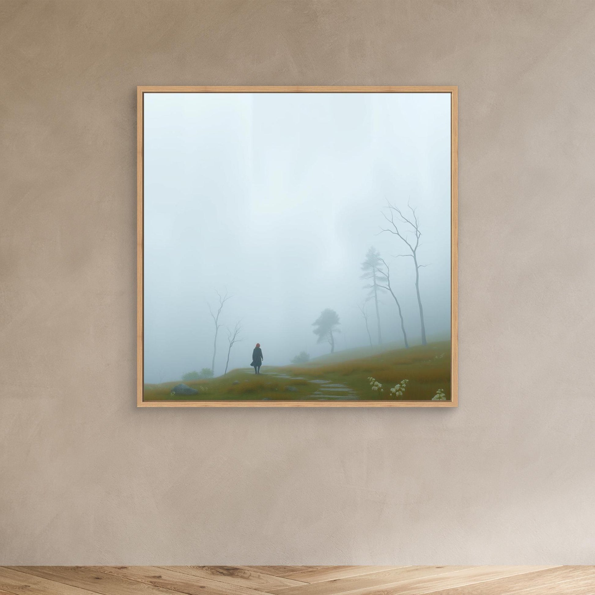 Into the Mist – Minimalist Canvas Wall Art of Woman Walking Through Foggy Landscape