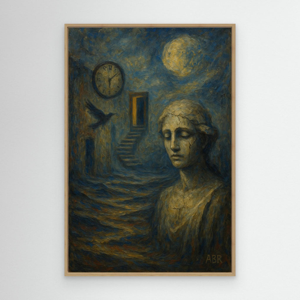 Surreal blue and gold abstract canvas wall art with cracked statue and moonlit staircase.