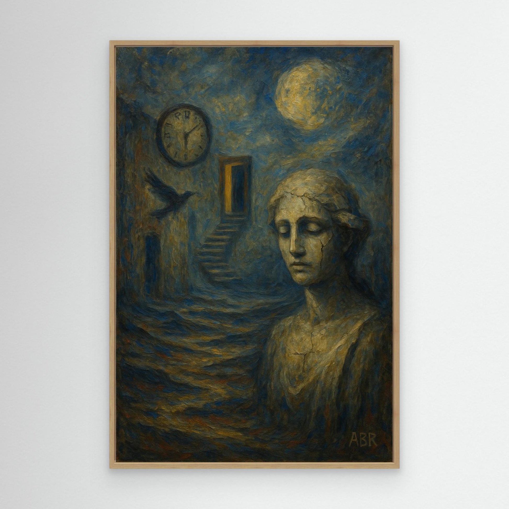 Surreal blue and gold abstract canvas wall art with cracked statue and moonlit staircase.