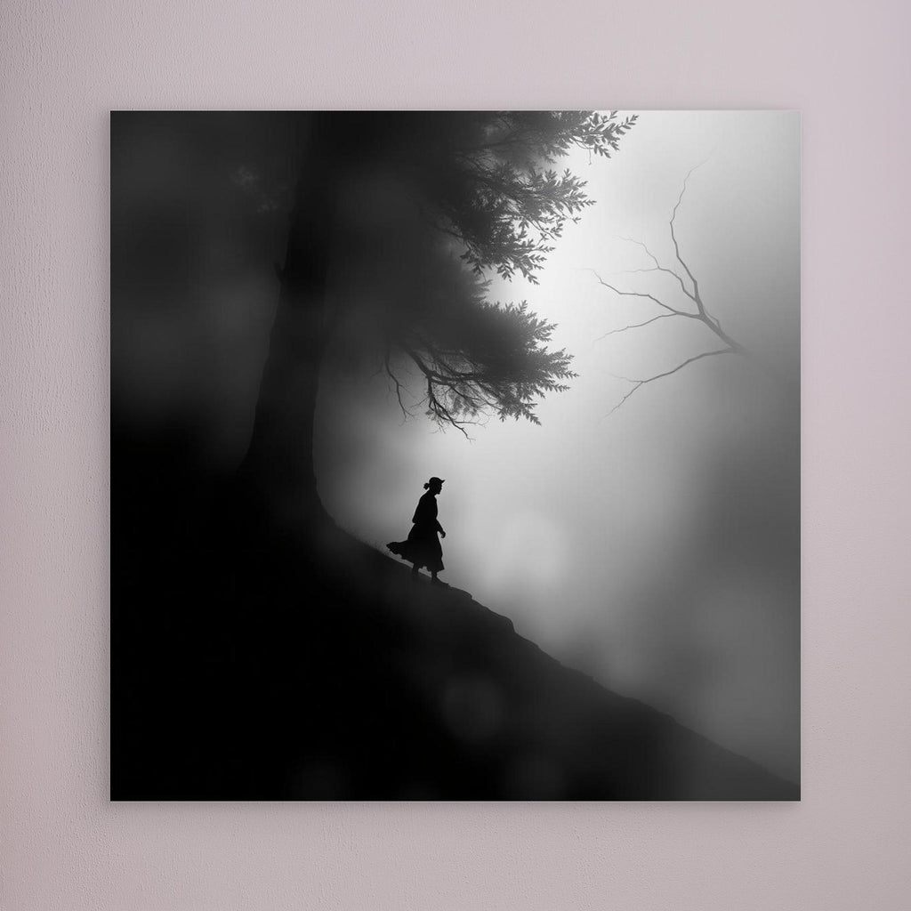 Mystic Walk Through the Fog – Black and White Nature Canvas Wall Art