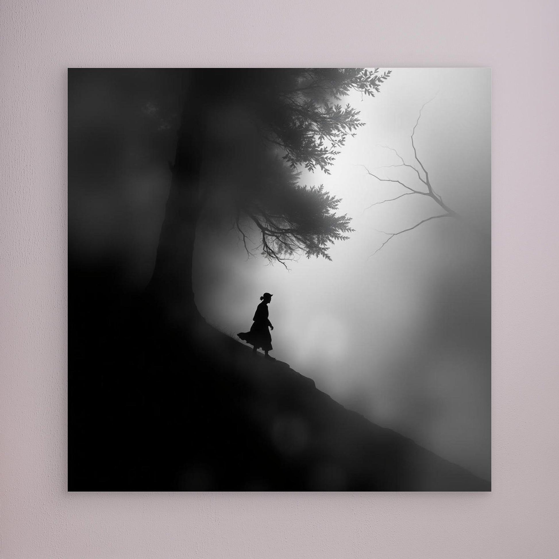 Mystic Walk Through the Fog – Black and White Nature Canvas Wall Art