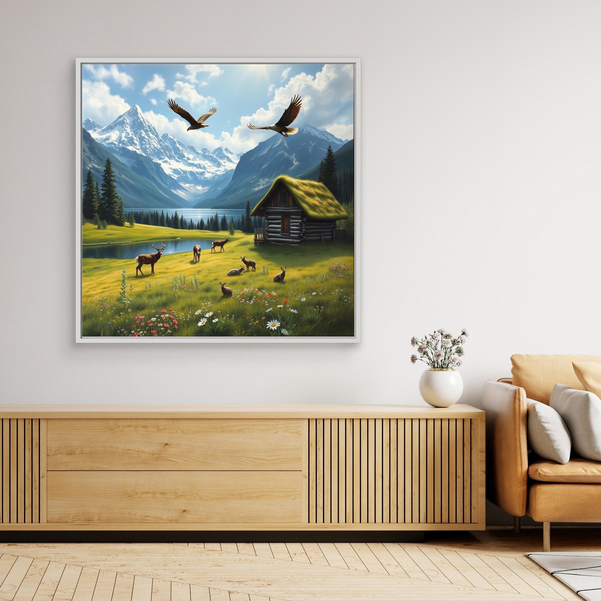Alpine Sanctuary – Wildlife and Cabin by the Lake Canvas Art
