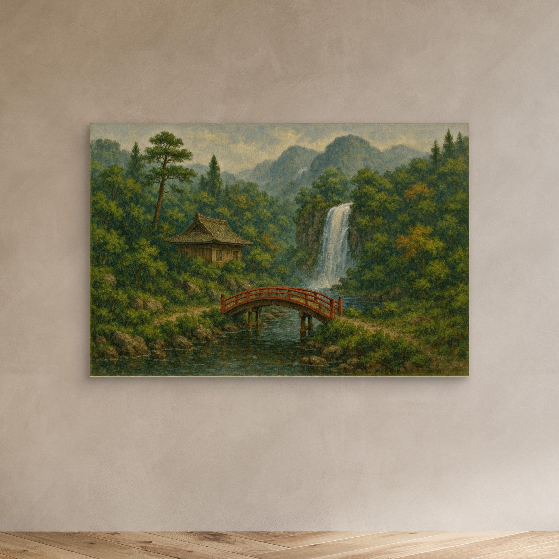 Japanese Bridge & Waterfall Canvas Wall Art – Tranquil Nature Landscape Print
