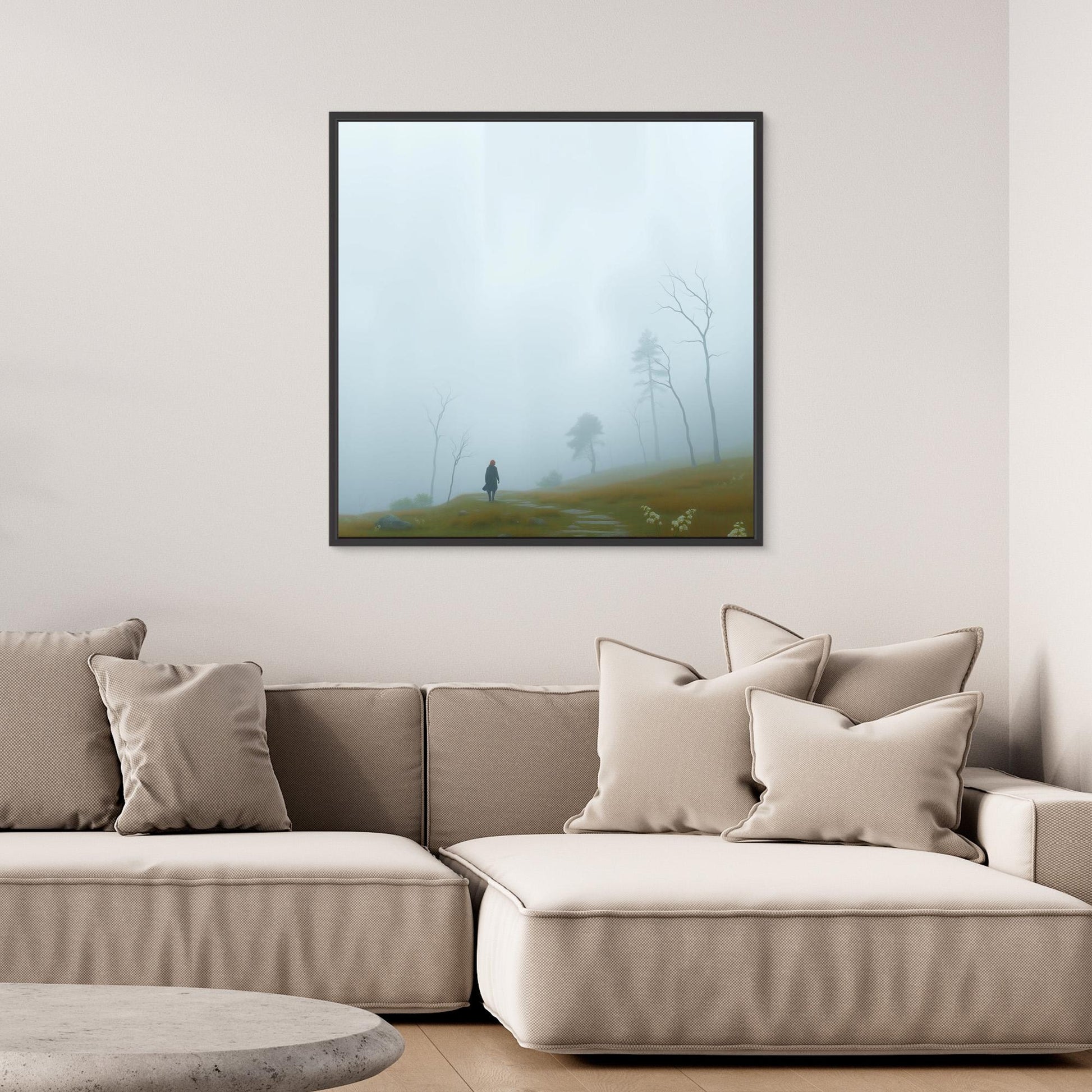 Into the Mist – Minimalist Canvas Wall Art of Woman Walking Through Foggy Landscape