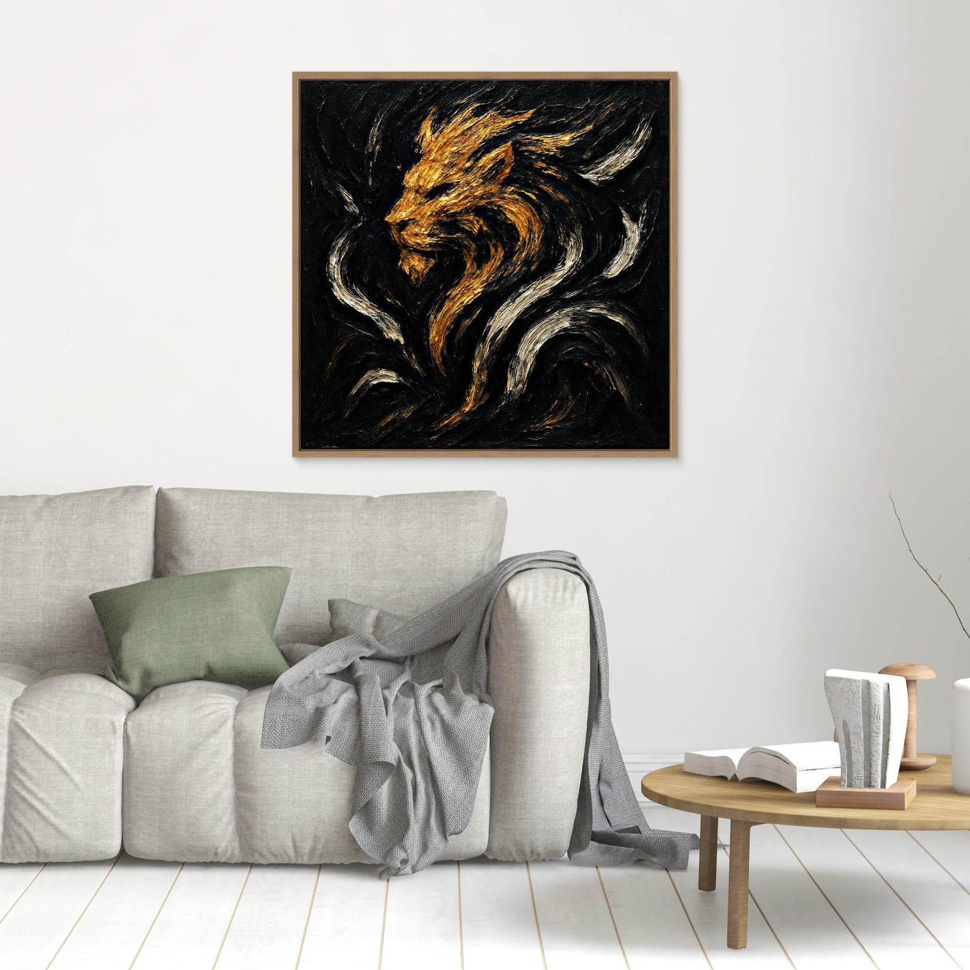 Abstract Lion Canvas Wall Art – Gold and Black Modern Print