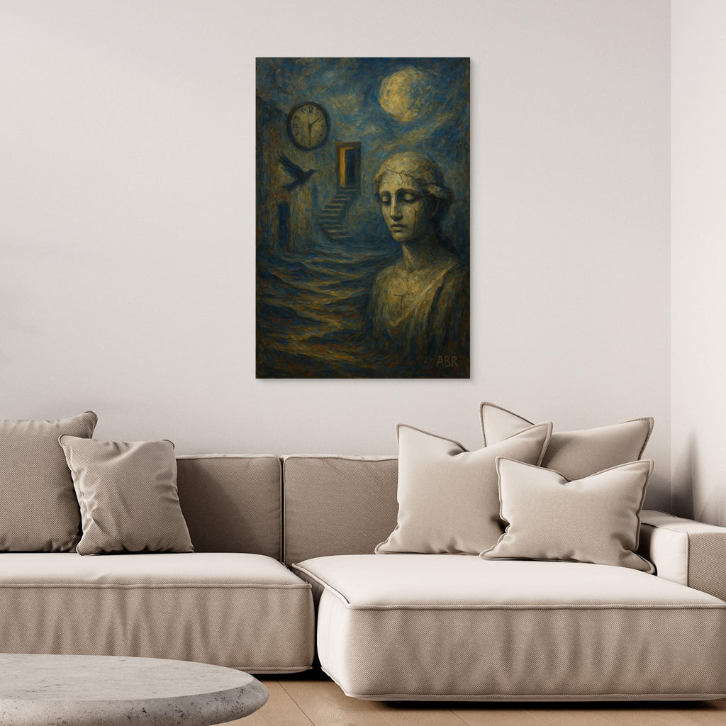 Surreal blue and gold abstract canvas wall art with cracked statue and moonlit staircase.