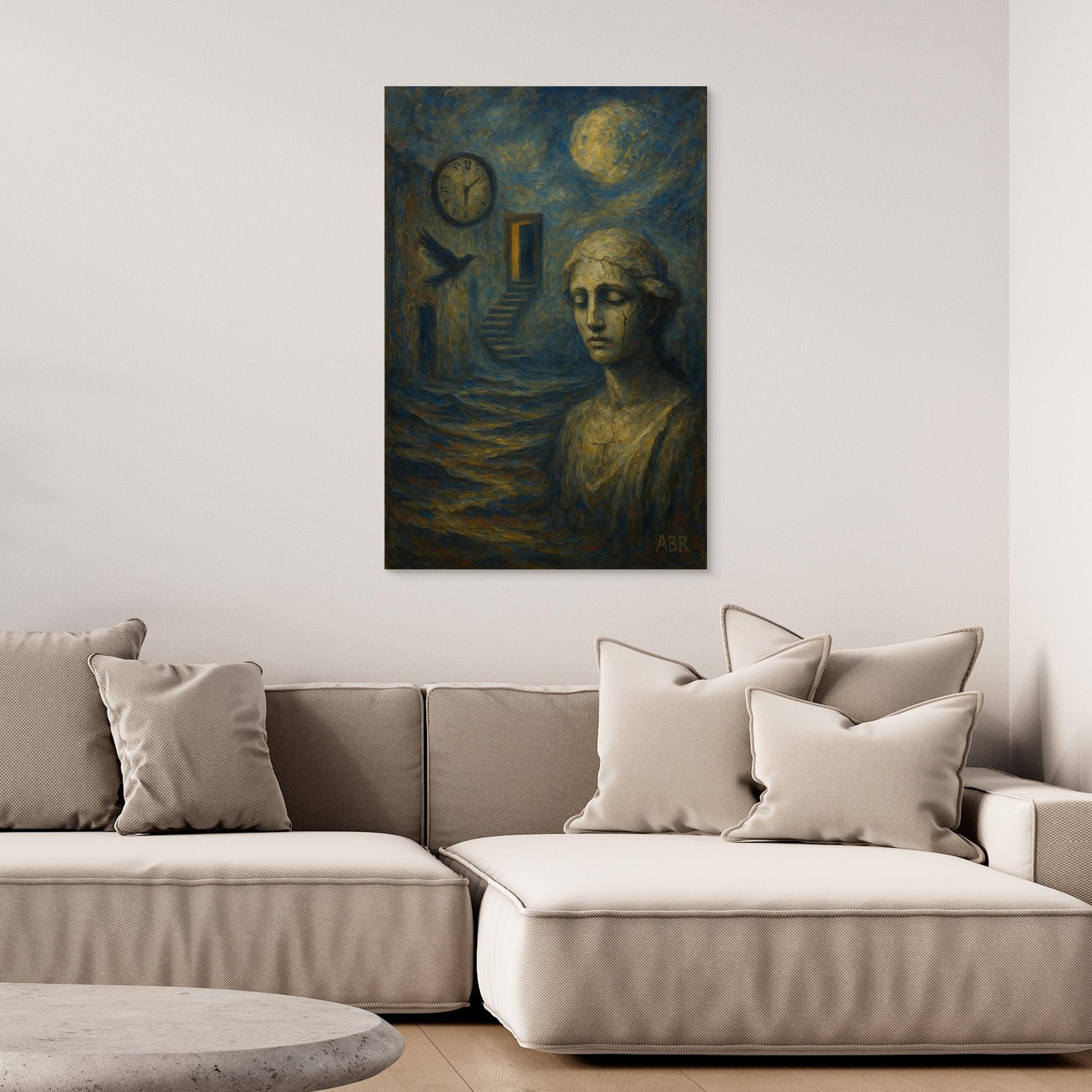 Surreal blue and gold abstract canvas wall art with cracked statue and moonlit staircase.