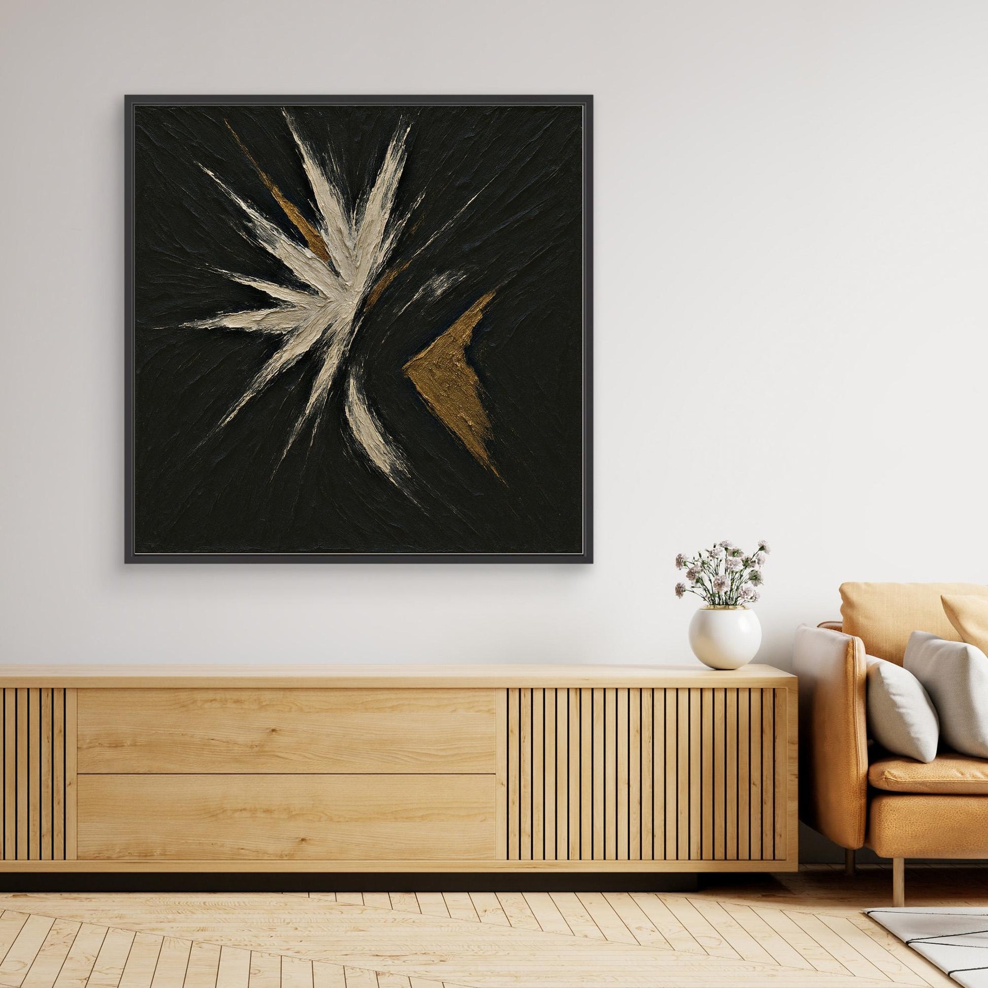 Abstract Starburst Canvas Wall Art – Black, Gold & Ivory