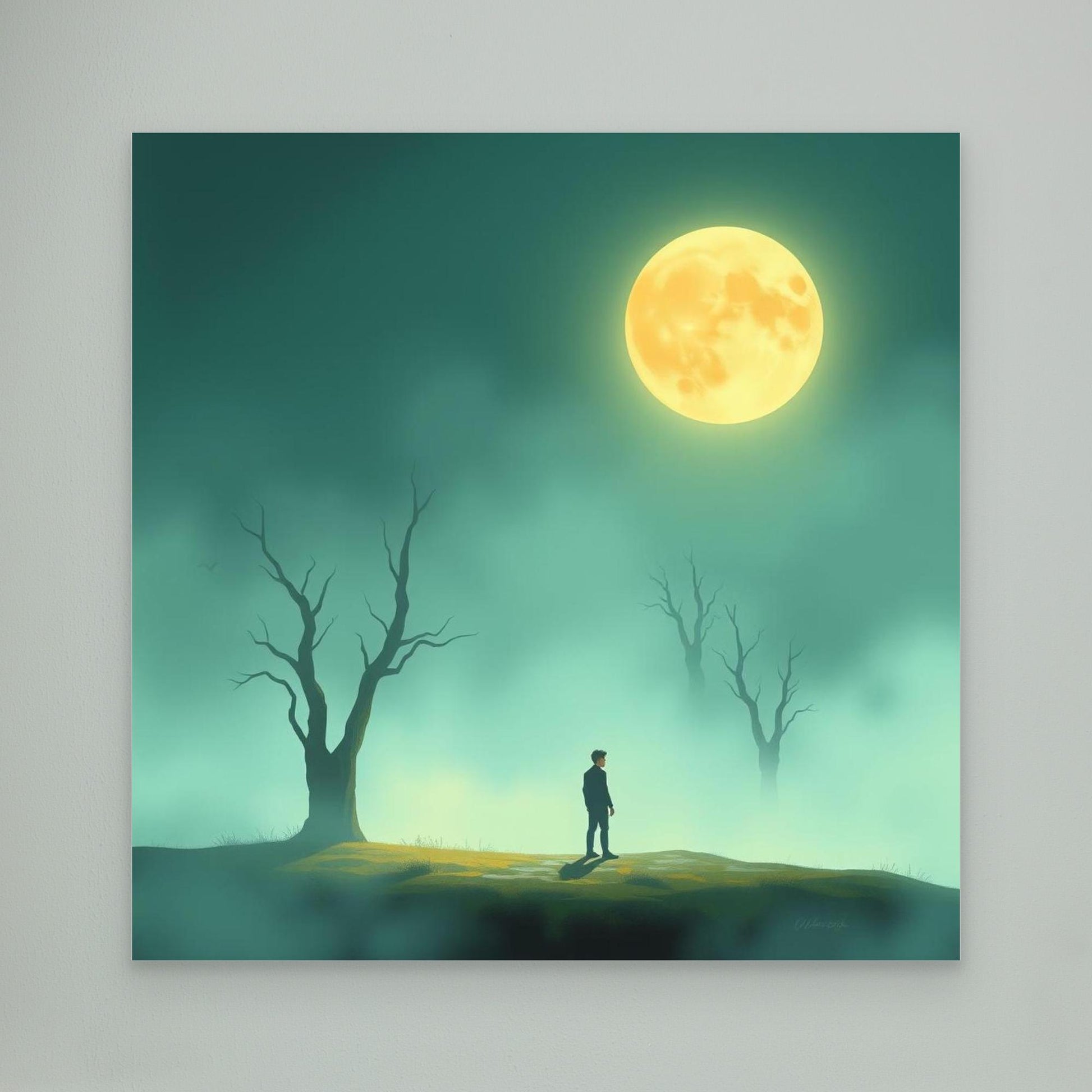 Minimalist Moonlight Silence – Serene Canvas Wall Art in Fog and Full Moonlight