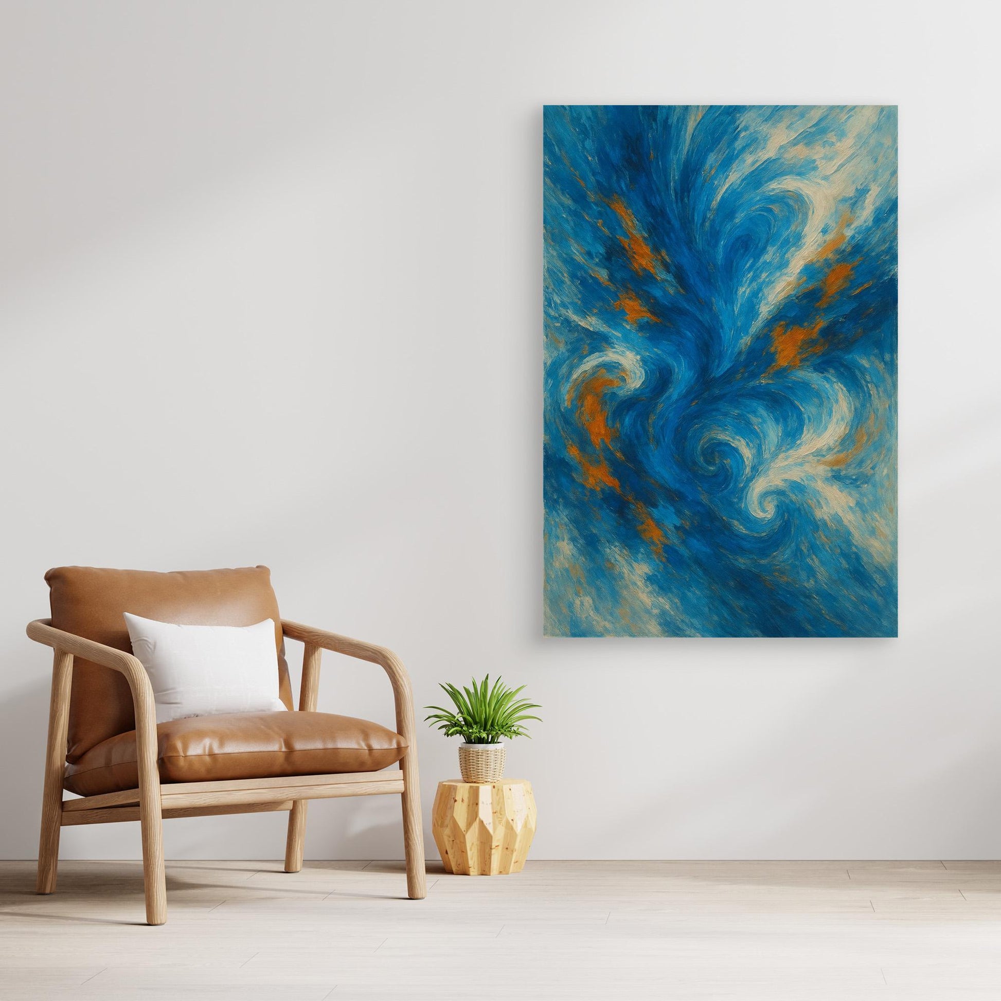 Abstract Ocean Swirl Canvas Wall Art – Blue and Orange Brush Texture