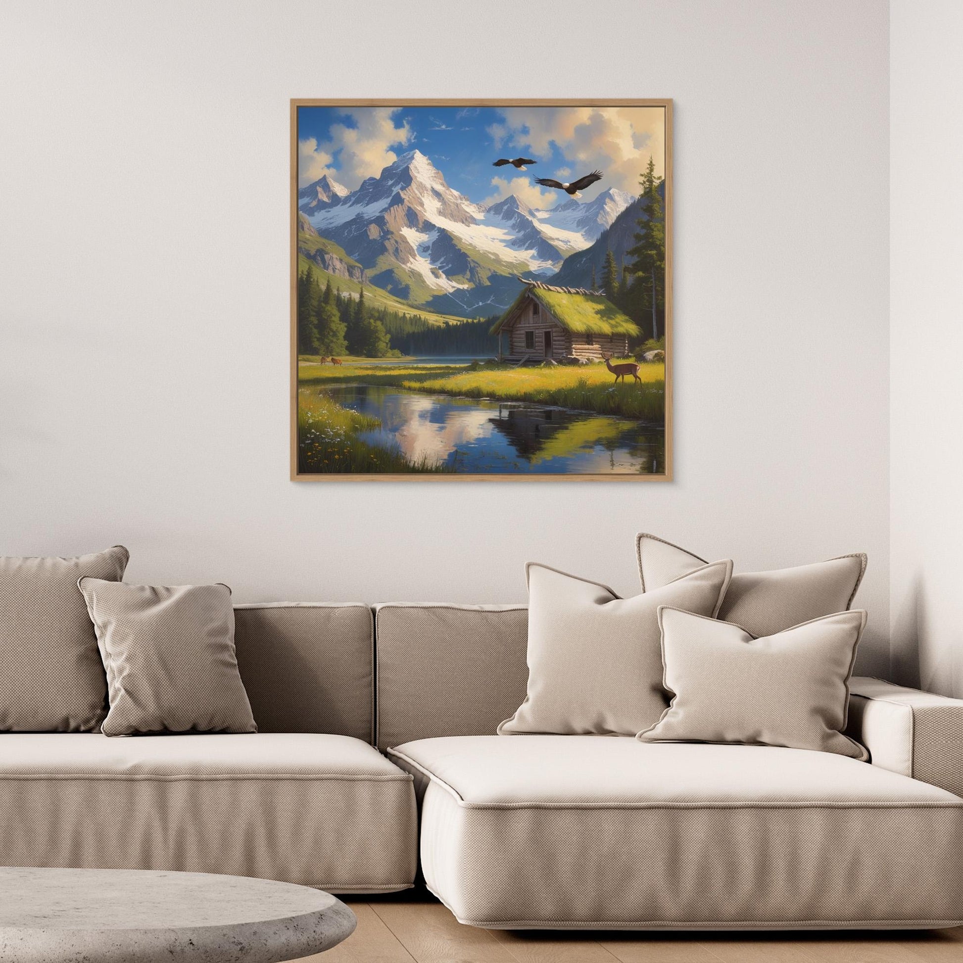Still Waters Cabin – Mountain Landscape with Wildlife Canvas Art