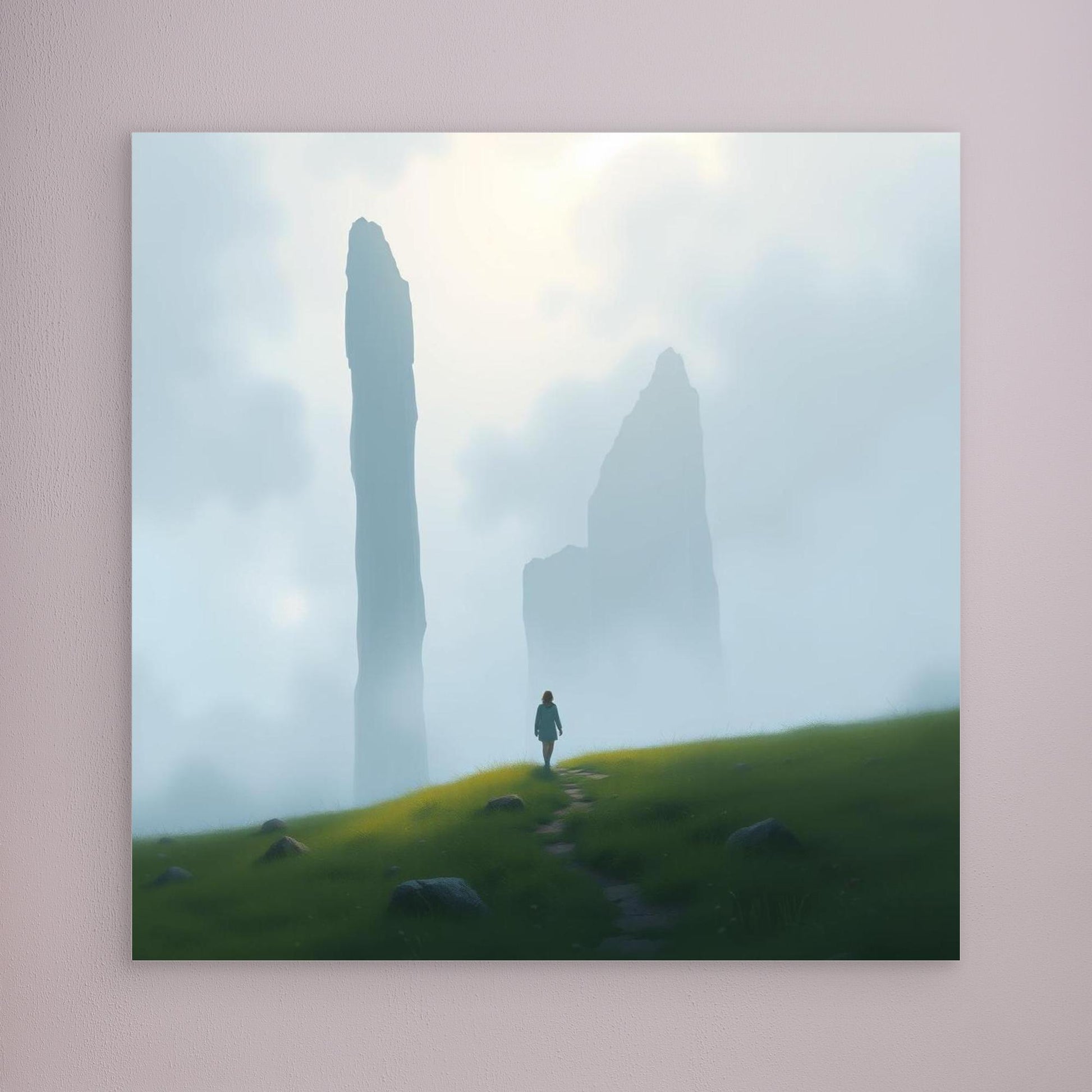 Wanderer of the Mist – Minimalist Nature Canvas Wall Art | Foggy Mountains & Lone Explorer Print