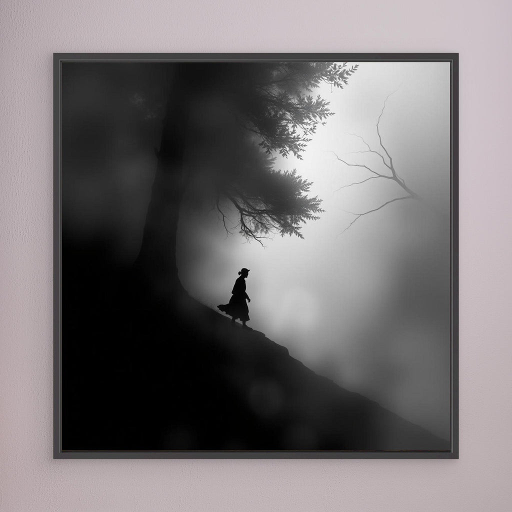 Mystic Walk Through the Fog – Black and White Nature Canvas Wall Art